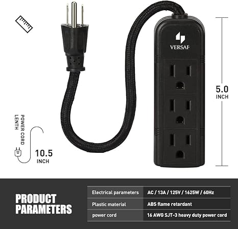 Mini 3 Outlet Power Strip 1FT Braided Cord Wall Mount Black