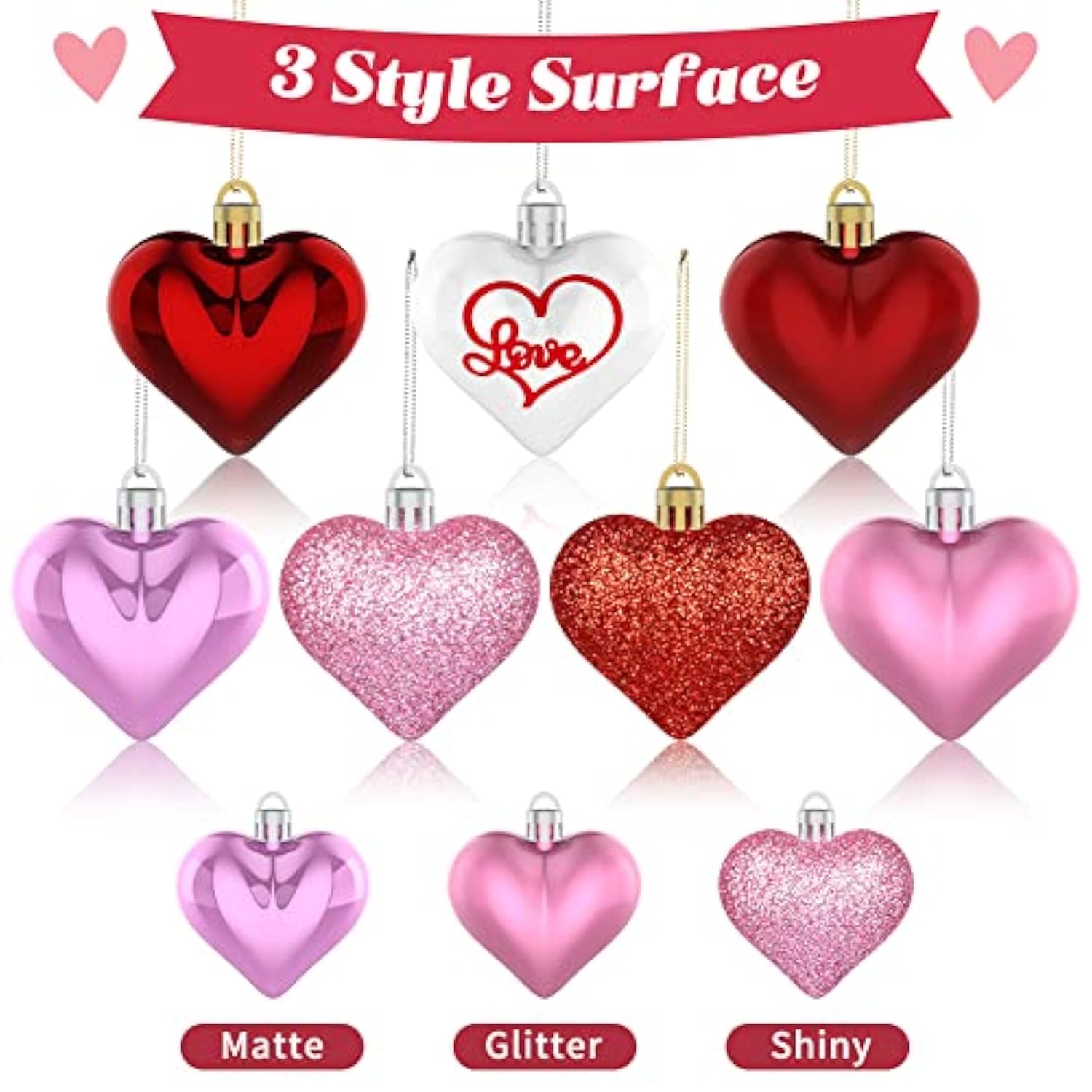 Valentine'S Day Decor Heart Ornaments 36 Pcs Heart Shaped Baubles Red Pink White Hanging Decorations For Valentine'S Day Christmas Wedding Anniversary