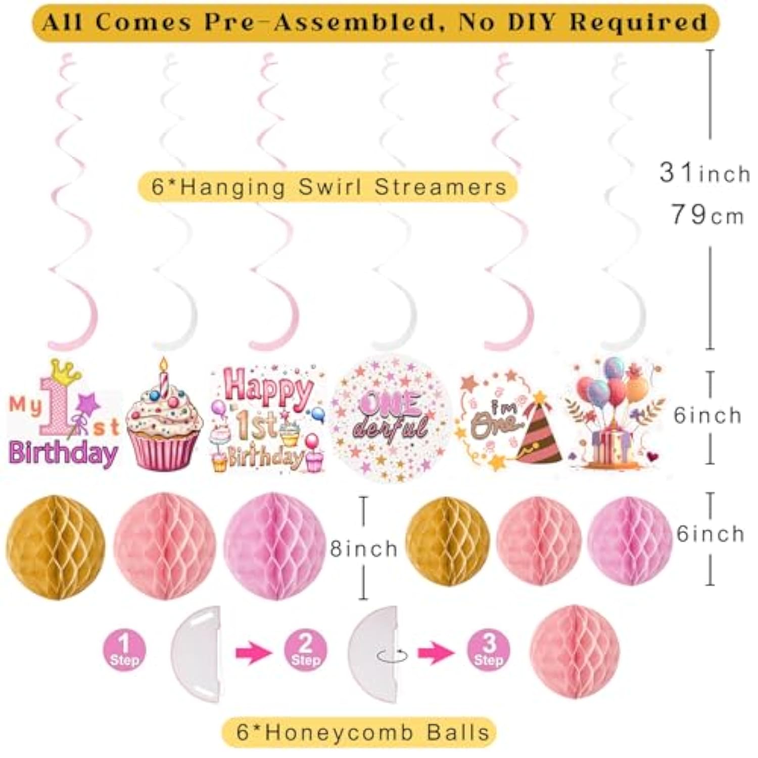 Pink First Birthday Decorations For Girl, Pre-Strung Sweet One And Happy Birthday Banner With Honeycomb Balls, Hanging Swirls, Circle Dots Garland For 1St Birthdays Decorations Girl 21Pcs
