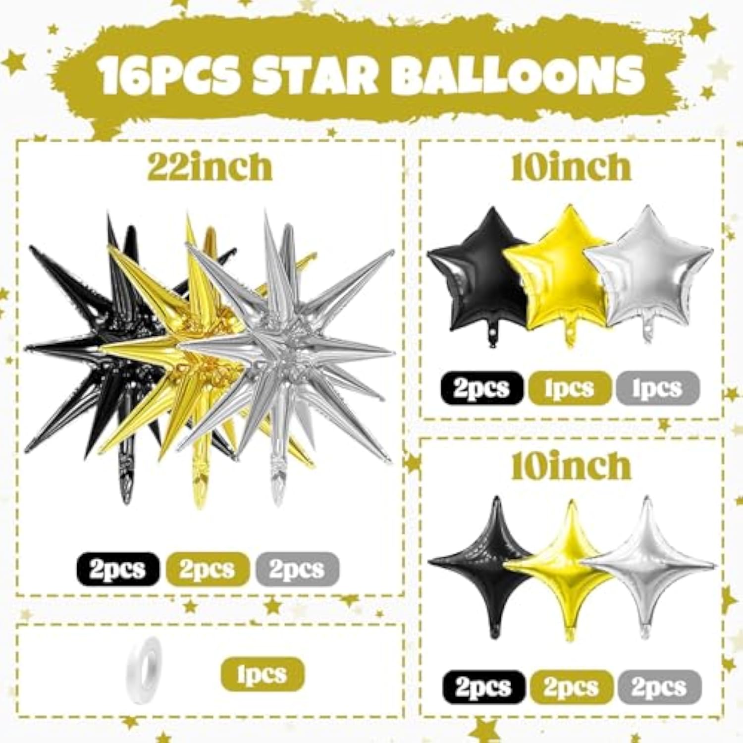 Black Gold Silver Star Balloon Set 16pcs Birthday Wedding Party Decor