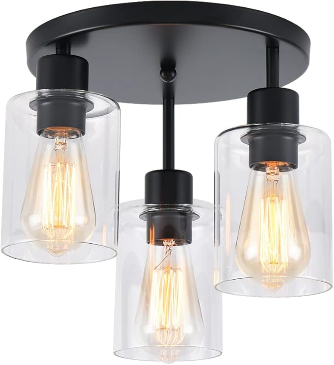 3 Light Industrial Farmhouse Ceiling Light Black Matte Semi Flush Mount with Glass Shades