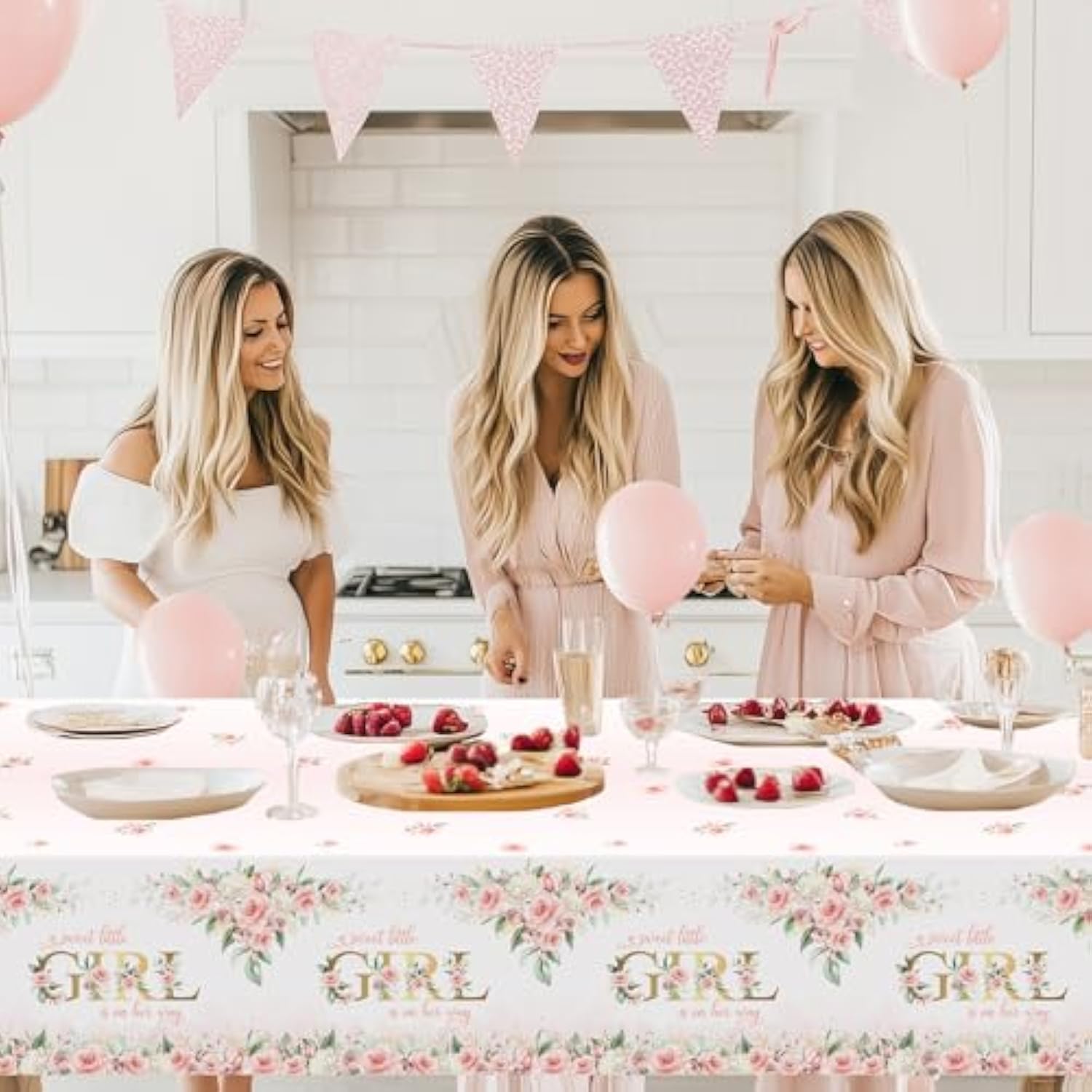 3 Pcs Girl Baby Shower Tablecloth 108X54 Inch Pink Floral Baby Shower Party Tablecovers Disposable A Sweet Little Girl Is On Her Way Table Cloth Plastic
