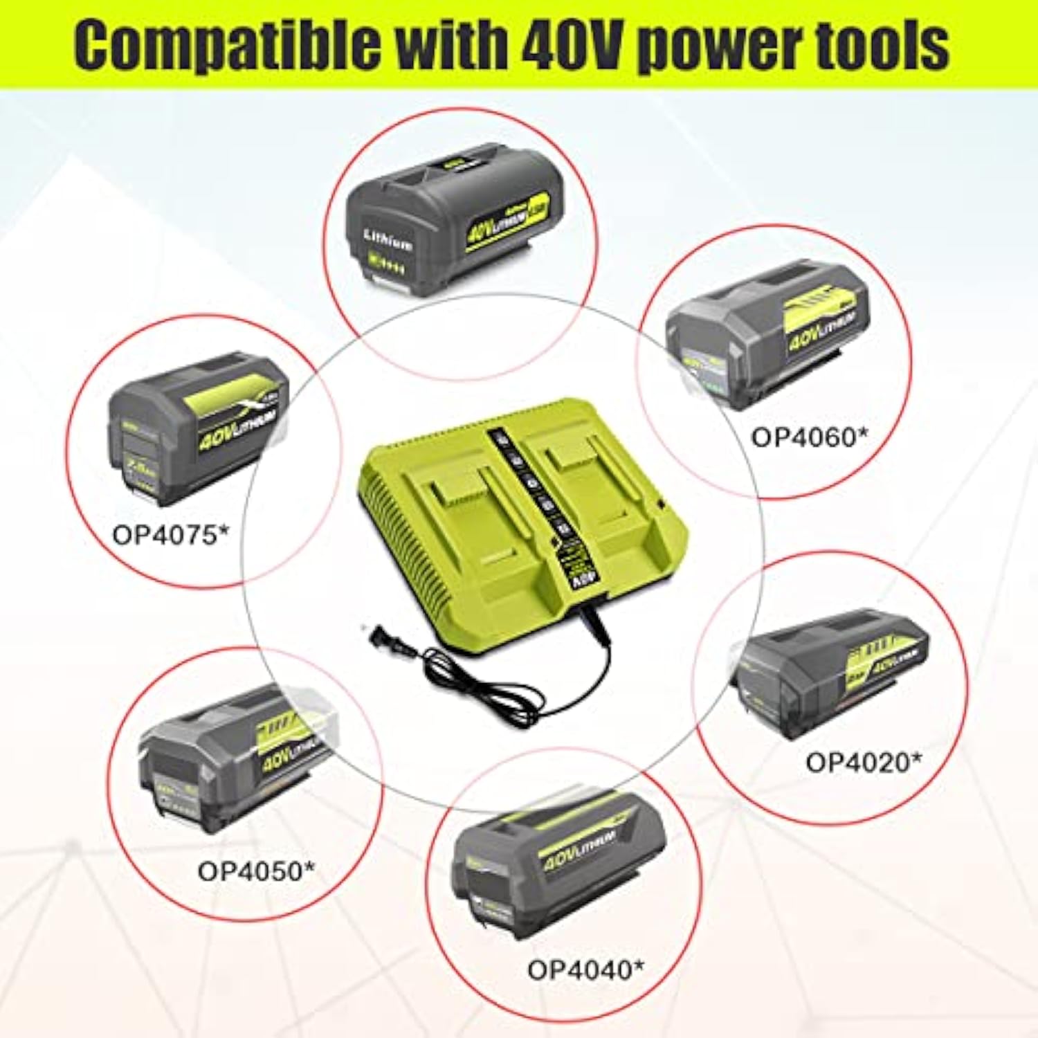 Op401 Dual Battery Rapid Charger For Ryobi 40V, Compatible With Ryobi 40V 6Ah, 5Ah, 4Ah, 3Ah, 2.5Ah, 2Ah Lithium Batteries
