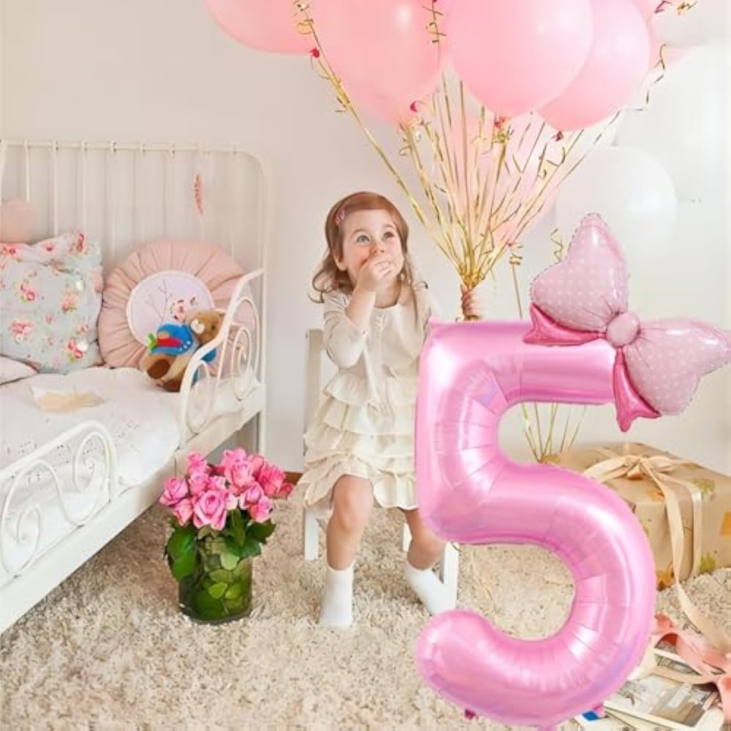 40" Pink Number 8 Balloon with Bow for Girls Birthday Party Decorations