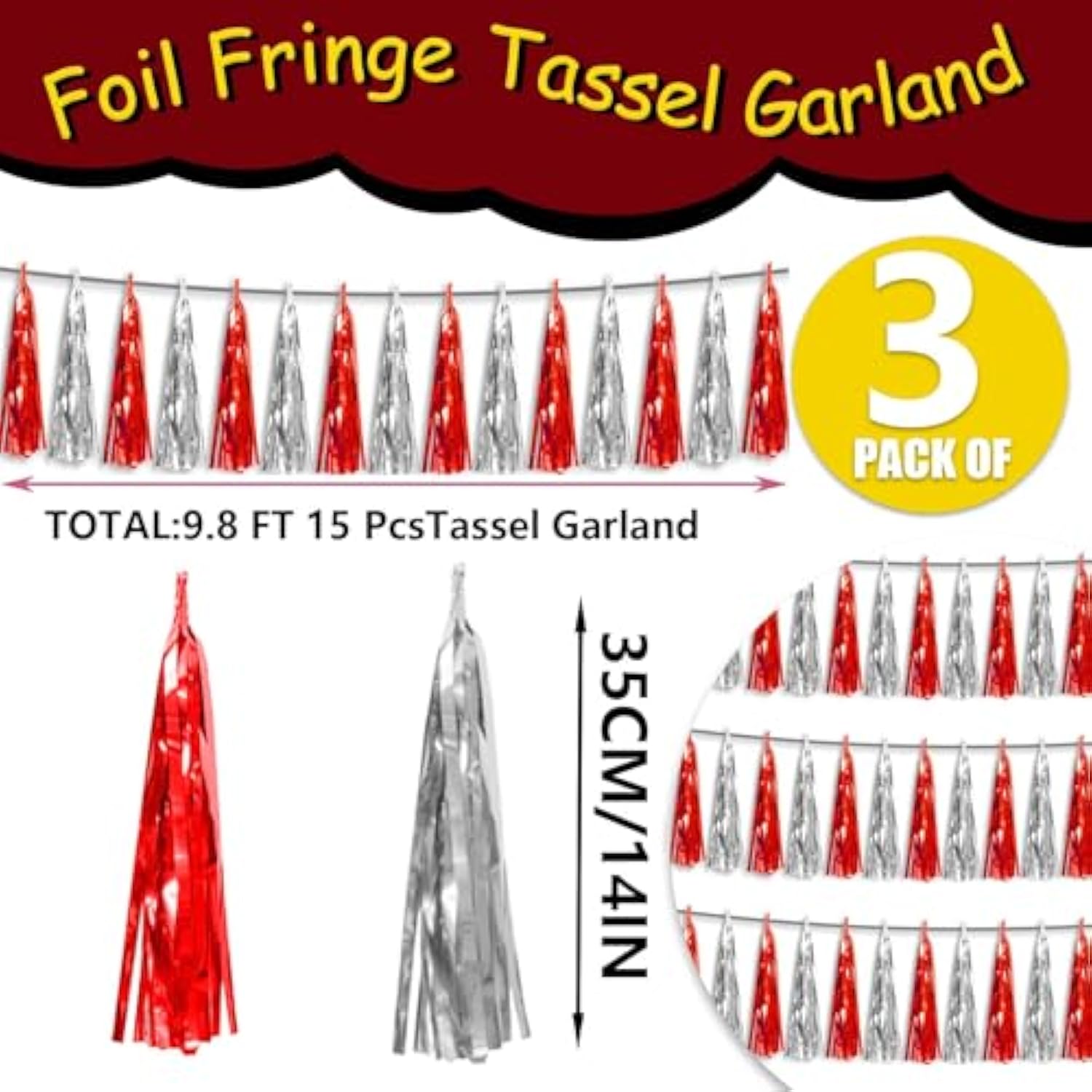 3P Metallic Fringe Tassel Banner Garland Foil Tinsel Streamer Wall Hanging Curtain Backdrop Banner For Parade Floats,Halloween Decorations, Christmas Day, Wedding Party Decoration(Red Silver)