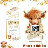 65 Pcs Highland Cow Baby Shower Decorations Guest Book, Baby Shower Guest Book Alternatives With Photo Frame, 60 Wood Slices Cow Baby Shower Guest Book For Boys Grils Baby Shower