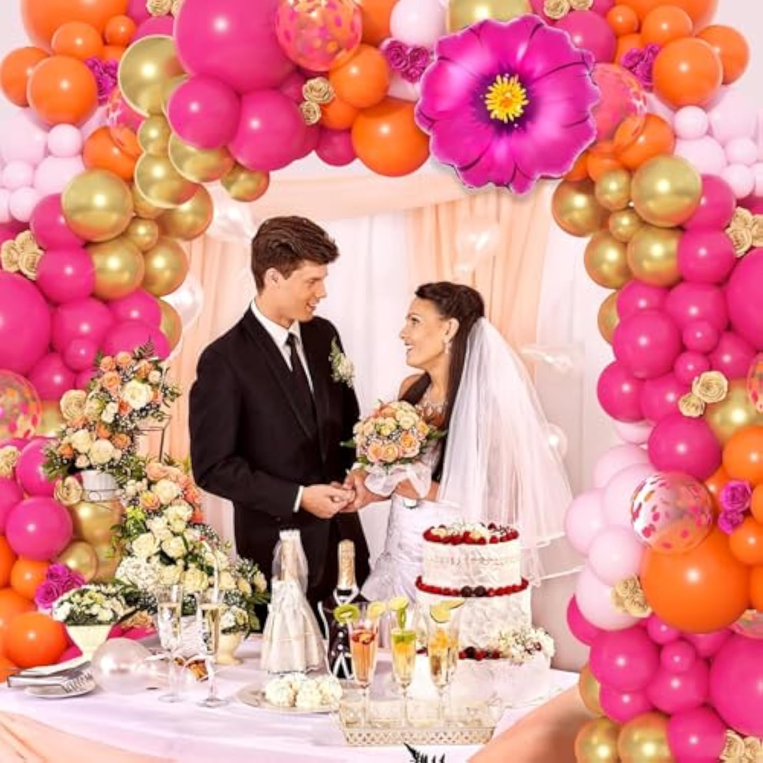 183Pcs Pink And Orange Balloons Garland Arch Kit With Hot Pink Gold Foil Flowers Balloons For Pink And Orange Party Decoration Summer Tropical Birthday Baby Shower Wedding
