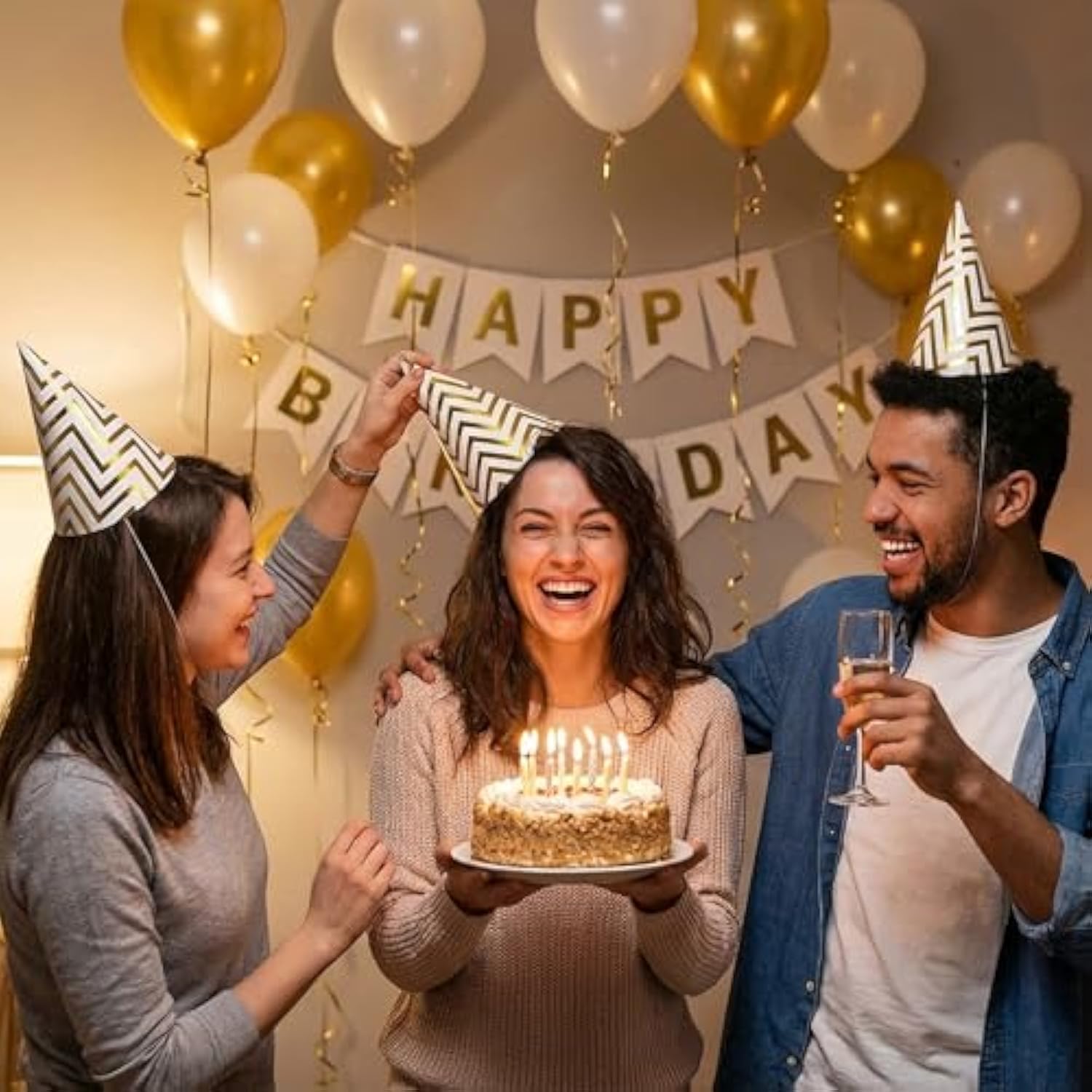 10 Pack Gold Party Hats For Adults And Kids, Birthday Party Hats Bulk With Adjustable Elastic String, Diy Paper Cones 7.9 Inch, Metallic Foil Wave Pattern For Men Women Pets New Years Eve Props