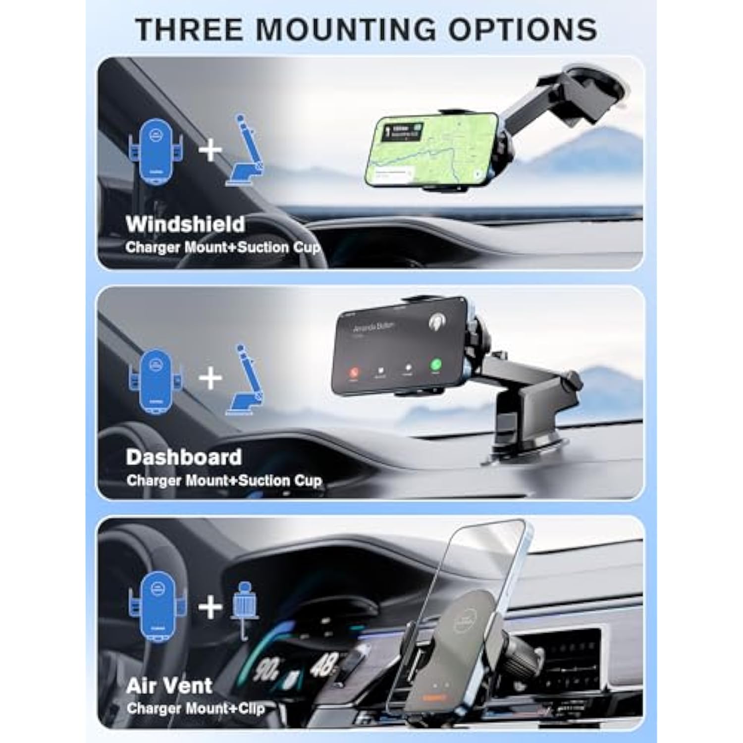Wireless Car Charger, 15W Fast Charging Car Phone Holder Auto Clamping, Phone Mount For Car Dashboard Air Vent Windshield, For All Iphone Android (Black)