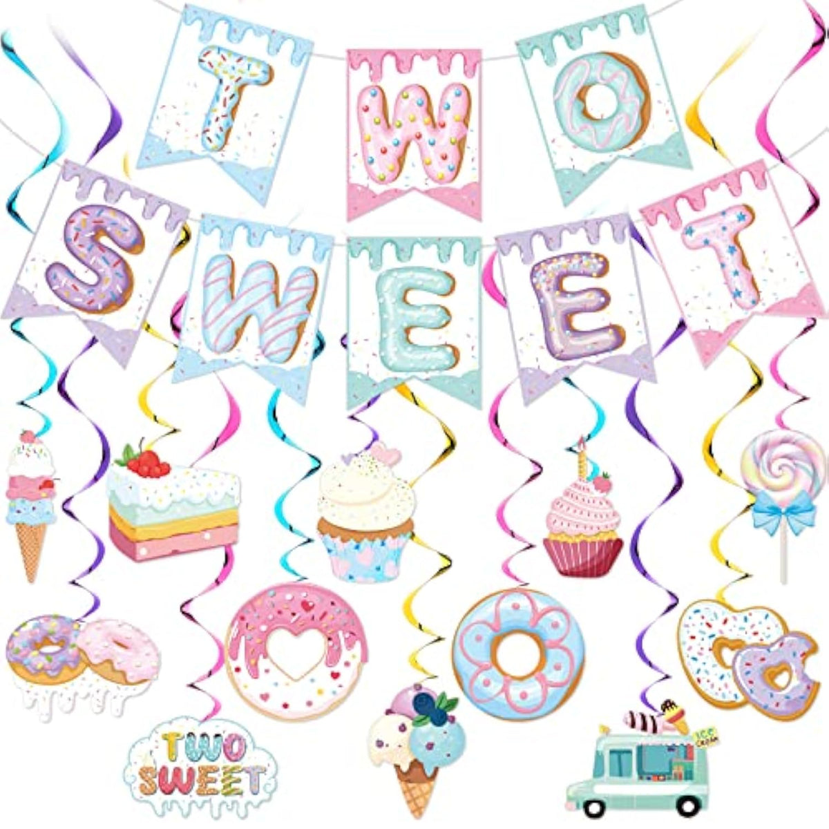 25 Pcs Two Sweet Donut Birthday Party Decorations Include Two Sweet Banner 24 Ice Cream And Donut Party Hanging Streamers 2Nd Birthday Decorations For Girl