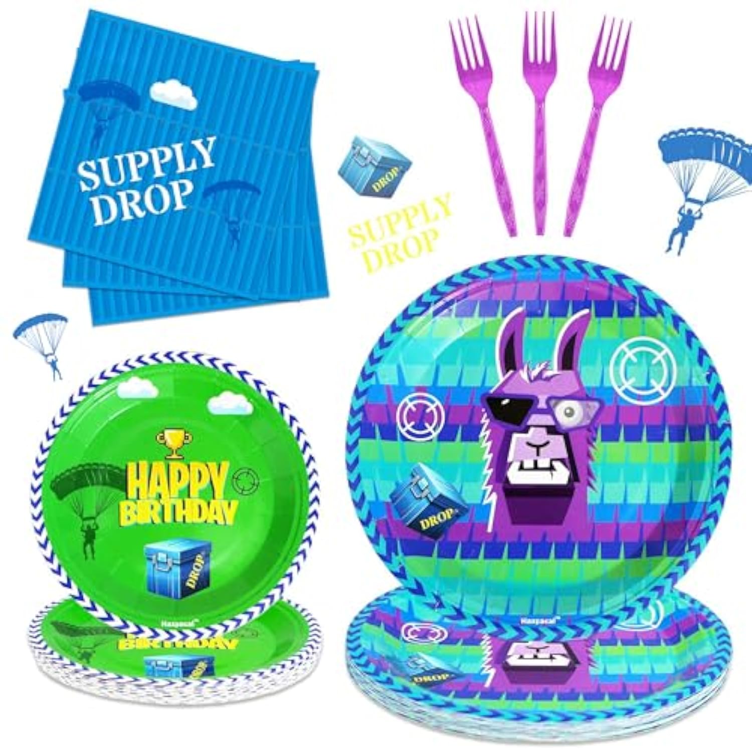 64Pcs Video Games Llama Party Tableware Supplies Including 32 Pcs Plates, 16 Pcs Forks And 16 Pcs Napkins, Video Games Theme Party Birthday Decorations