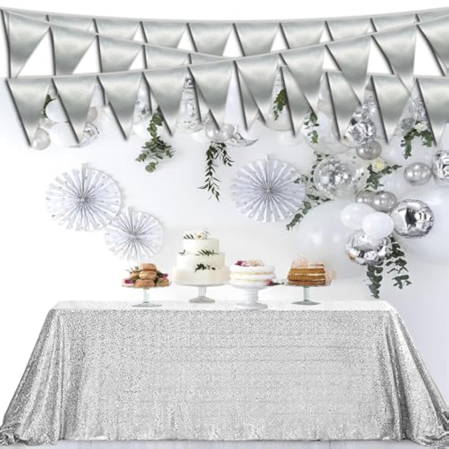 20M/65Ft Silver Triangle Pennant Banner Flag Metallic Fabric Bunting Garland For Christmas Graduation Wedding Engagement Anniversary Bachelorette Birthday Bridal Shower Valentines Hen Party Supplies