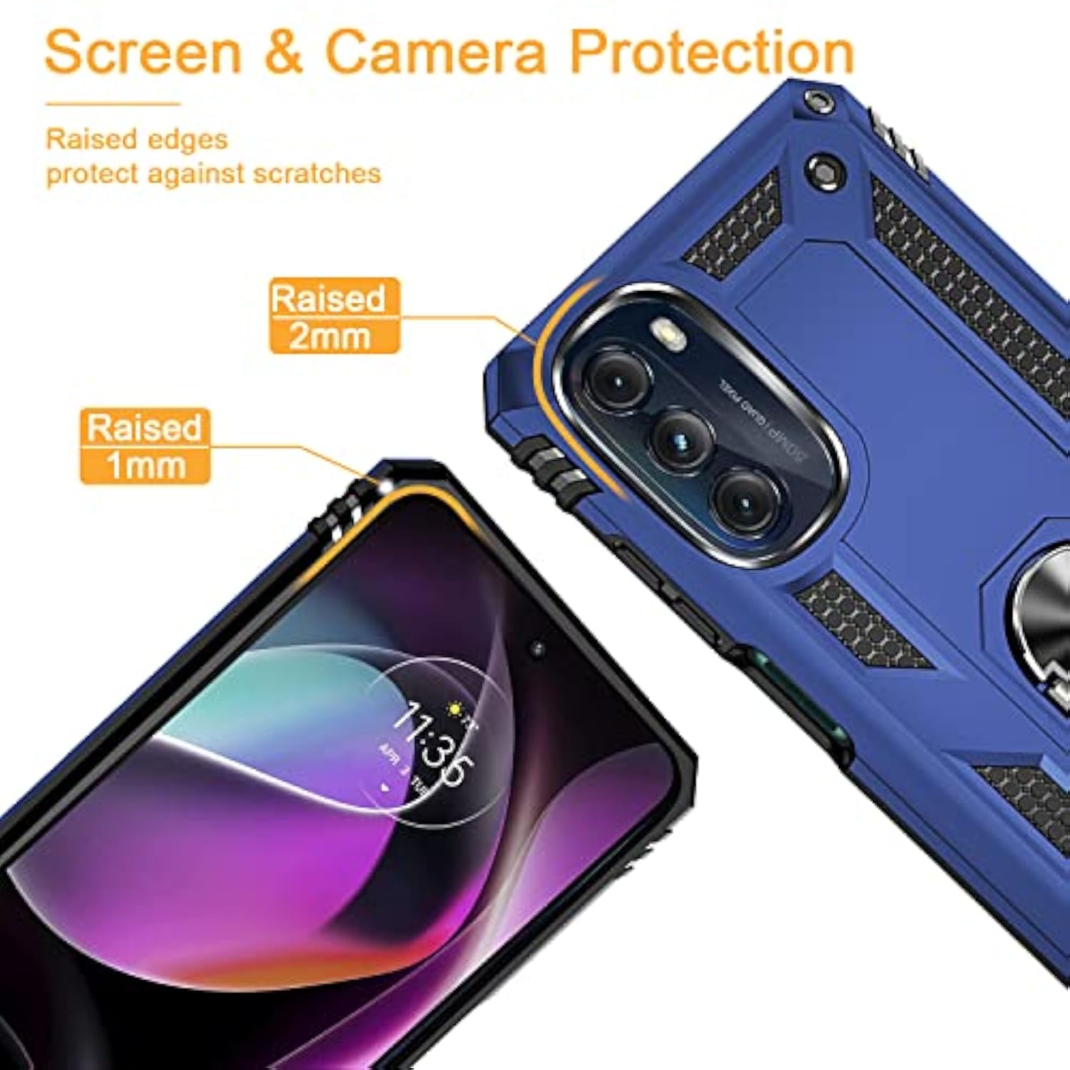 For Motorola Moto G 5G 2022 Case With 2 Pcs Tempered Glass Screen Protector, Military-Grade Armor Shockproof Protective Phone Cover With Ring Magnetic Kickstand , Blue