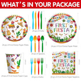 Fiesta 1St Birthday Party Supplies - First Fiesta Birthday Decorations Tableware, Paper Plate, Cup, Napkin, Cutlery, Cactus Mexican Cinco De Mayo Taco One Year Old Decorations | Serves 24