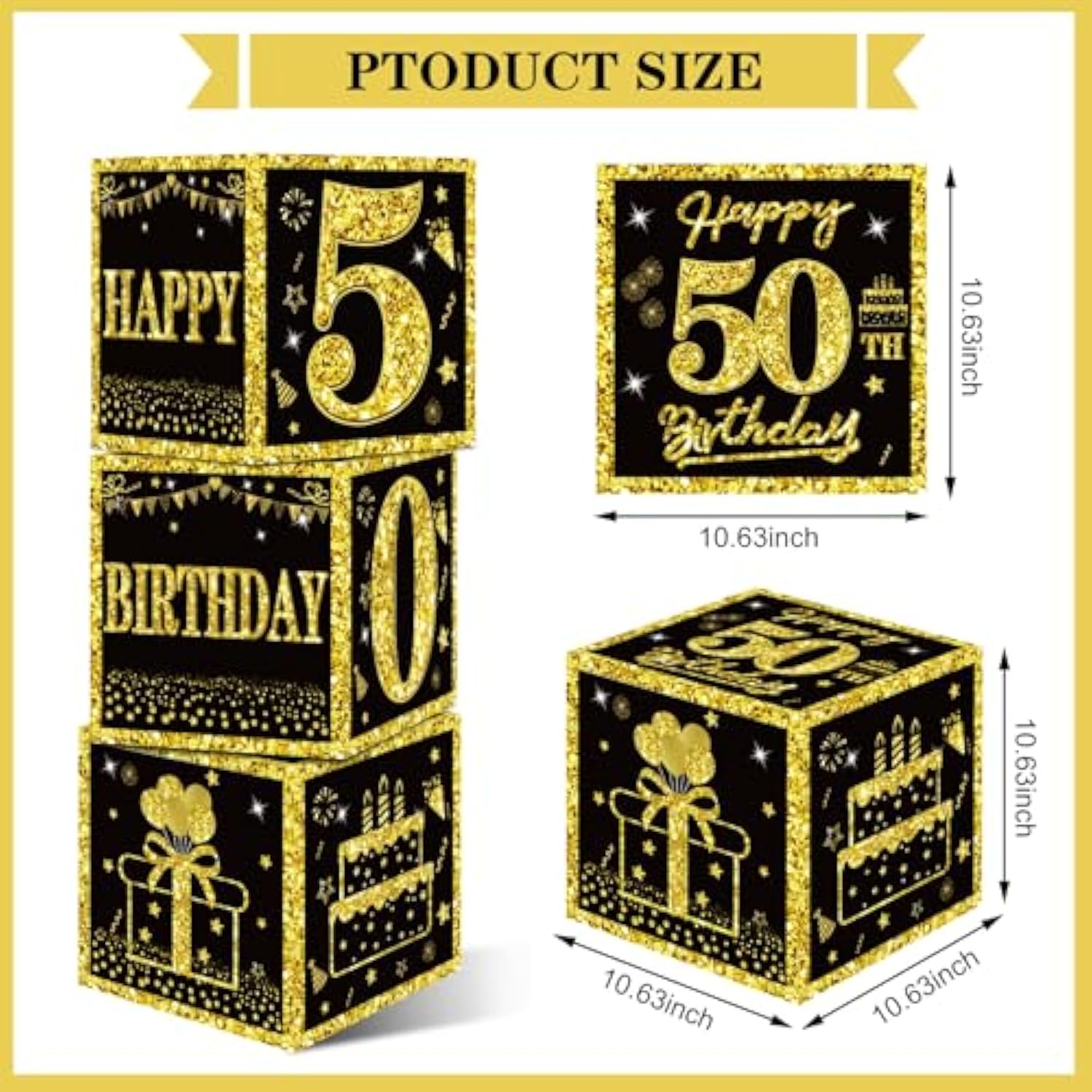 3Pcs 50Th Birthday Decorations Boxes For Men Women, Black Gold Happy 50 Birthday Balloons Boxes Party Supplies, 50 Year Old Bday Theme Cardboard Box