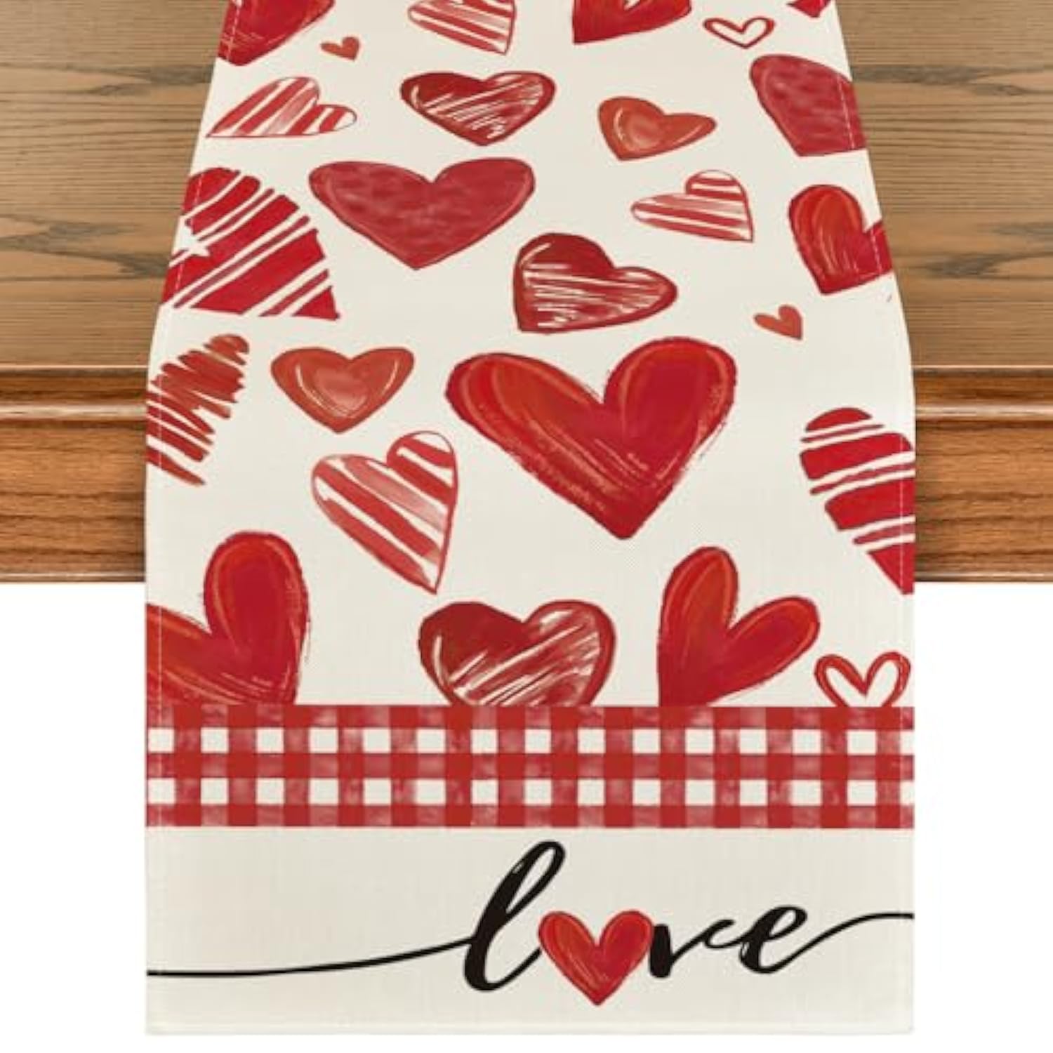 Red Buffalo Plaid Love Heart Valentine'S Table Runner, Anniversary Kitchen Dining Table Decoration For Home Party Decor 13X72 Inch