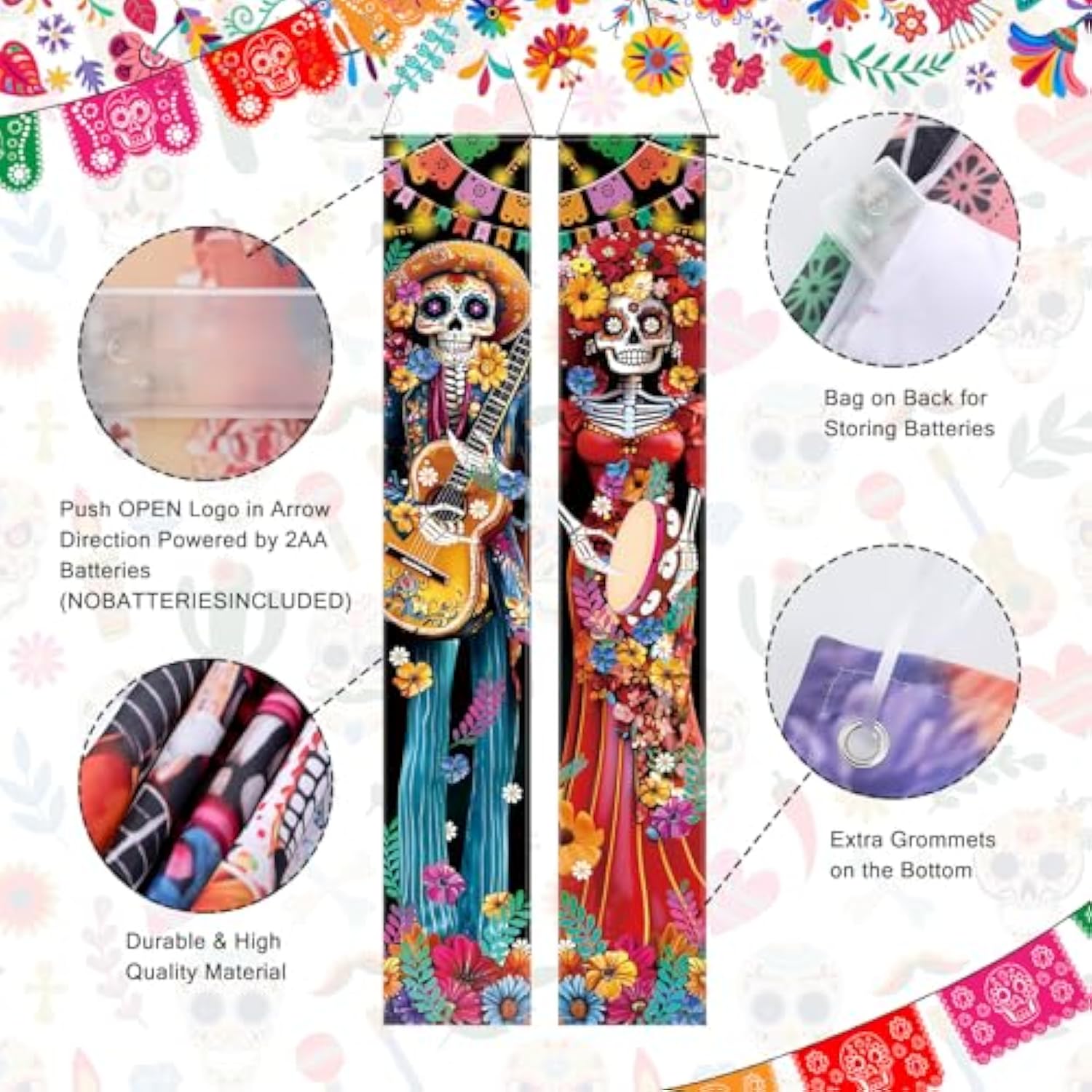 3 Pcs Day Of The Dead Decorations Dia De Los Muertos Door Cover With Led Lights Mexican Dia De Los Muertos Altar Party Porch Sign Halloween Sugar Skull Door Banner Backdrop For Fiesta Party