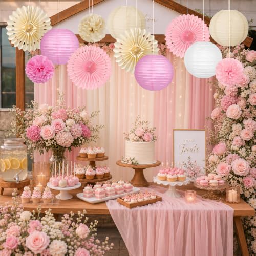 Pink and Beige Party Decorations Set, Hanging Paper Lanterns, Tissue Paper Pom Poms and Paper Fans for Baby Shower, Birthday, Wedding and Bridal Shower Party Decor