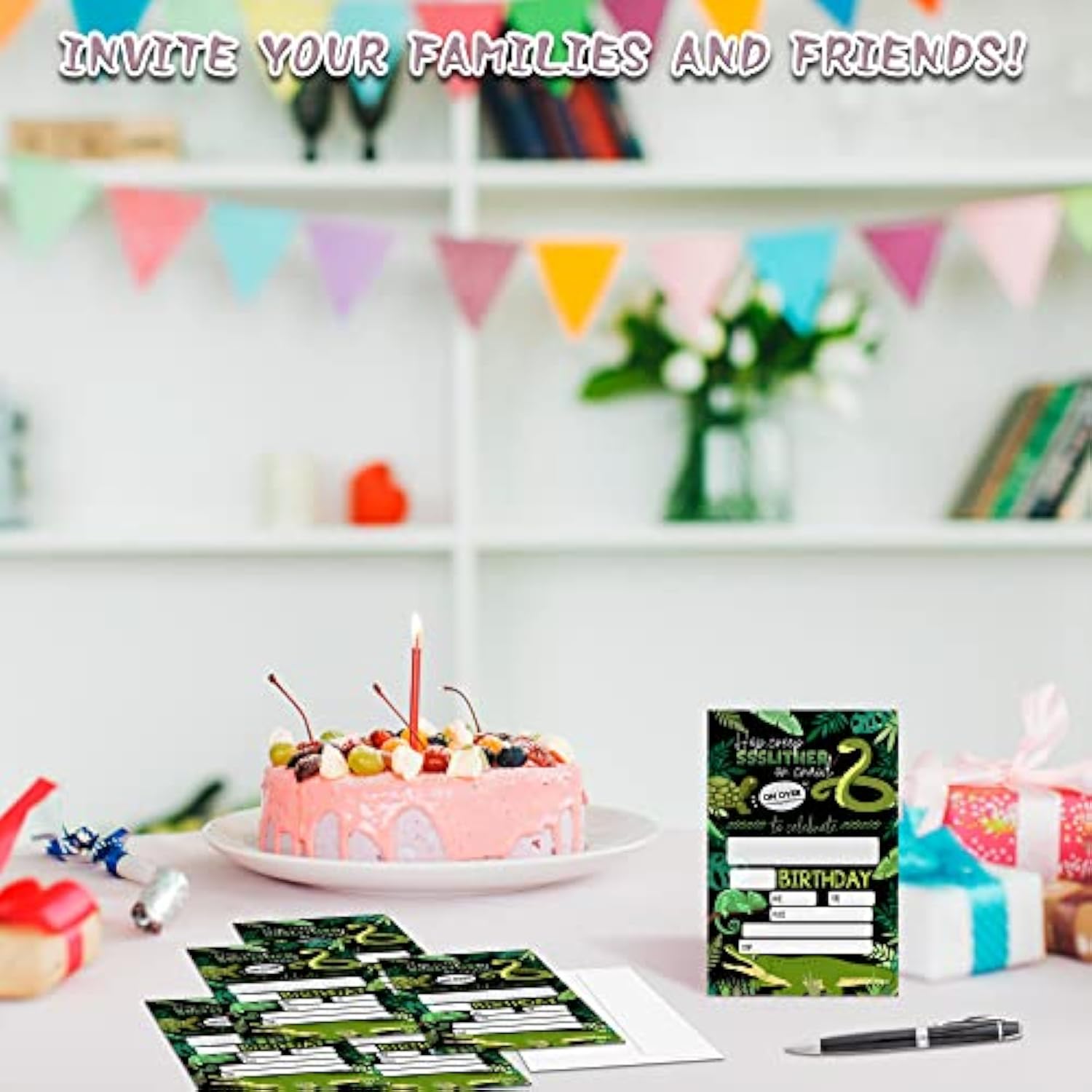 Reptile Birthday Party Invitations, 20-Count Snake Lizard Crocodile Theme Birthday Party Invites With Envelopes-Hbyqk-B36