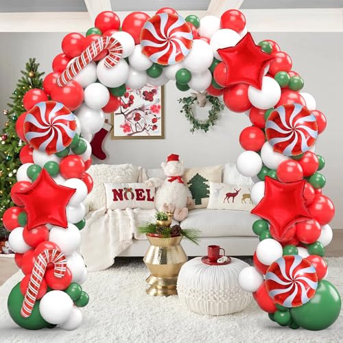 Christmas Balloon Arch kit with Red Green White Candy Cane Balloons Red Star Balloons for Holiday Christmas Party Decorations