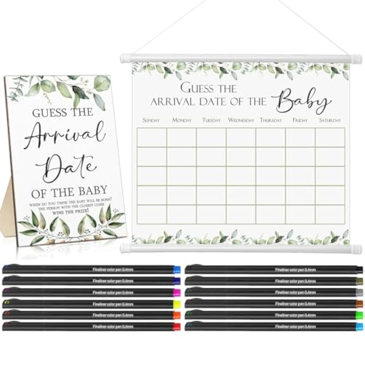 Guess Baby Due Date Calendar Include 1 Pcs Guess The Arrival Date Of The Baby Shower Wooden Sign 1 Prediction Calendar 12 Fineliner Colored Pens Game Party Favor(Greenery)