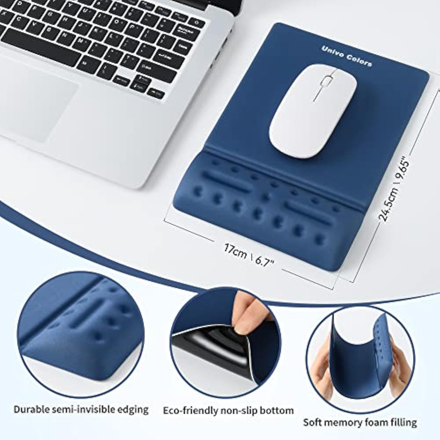 Univocolors Navy Blue Mouse Pad With Wrist Support Ergonimic Wrist Rest Gel Wrist Pad For Mouse Computer Laptop Desk Office Gaming Desktop Soft Memory Foam Fiber Small Mousepad Gel Rest
