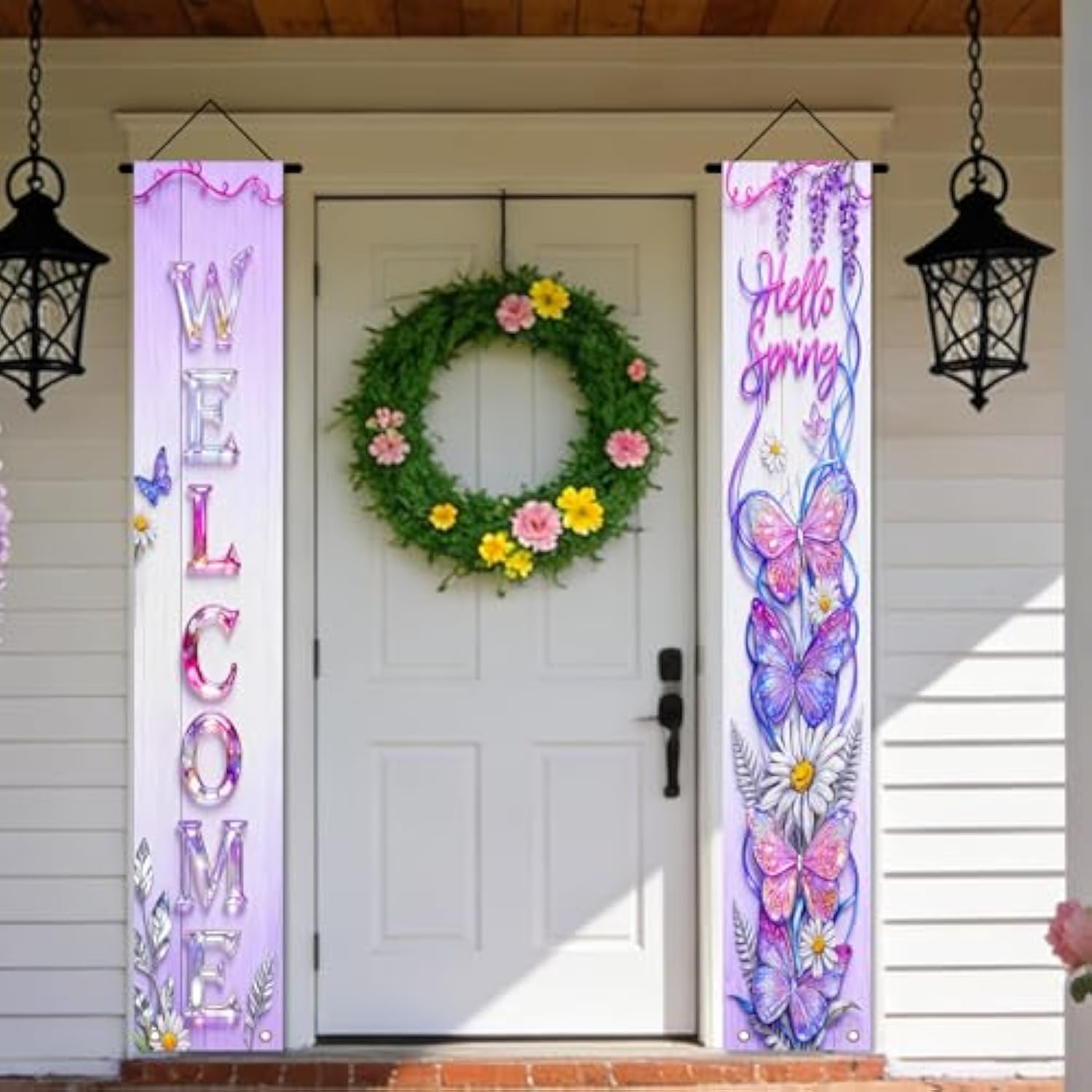 Welcome Hello Spring Butterfly Wisteria Door Banner Polyester 70X12 Inches - Door Banners For Outside, Spring Butterfly Decor For Home, Garden, Outdoor
