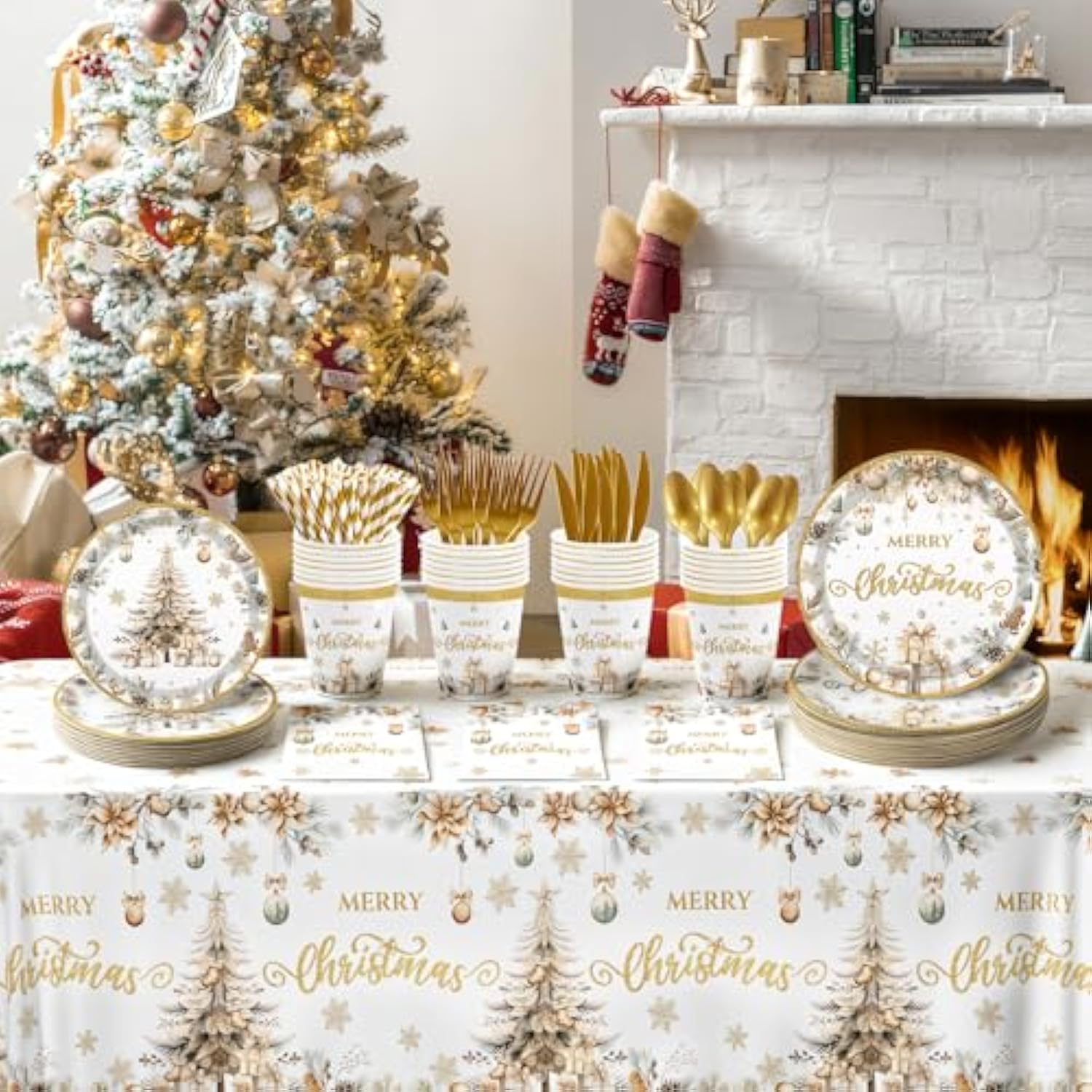 Christmas Party Supplies193Pcs, Gold Christmas Tree Disposable Dinnerware Paper Plates, Napkins, Cups, Cutlery,Tablecloth For Xmas Holiday Party Decor, Serve 24 Guestst