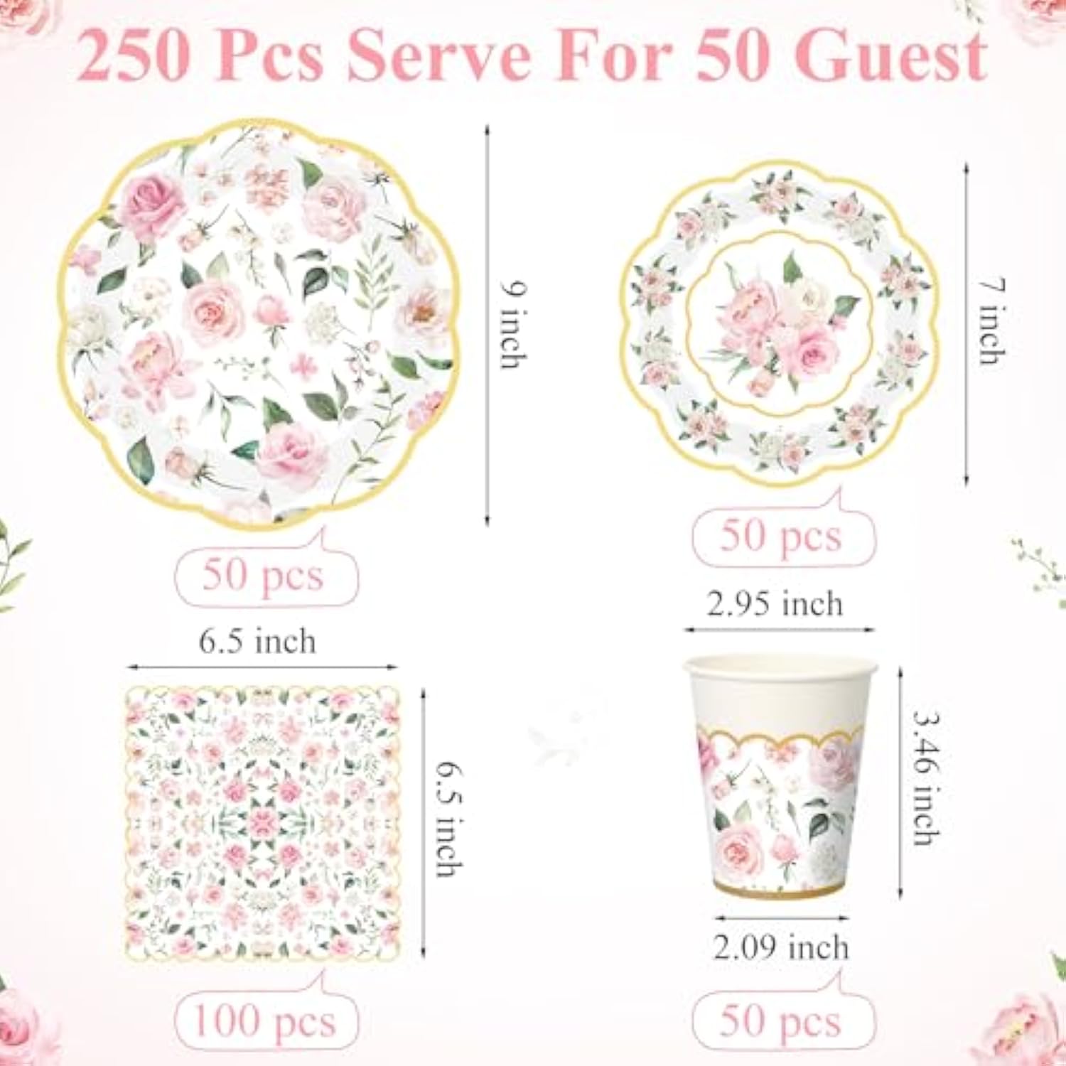 250Pc Pink Gold Floral Tableware Set Plates Napkins Cups for Parties Serves 50