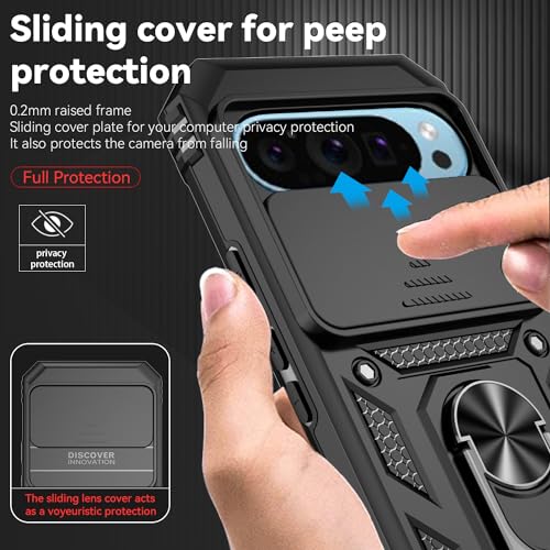 For Google Pixel 9 / Pixel 9 Pro Case With Slide Camera Cover Hd Screen Protector [Military Grade Drop Tested] Magnetic Ring Holder Kickstand Protective Phone Case For Google Pixel 9/9 Pro, Black