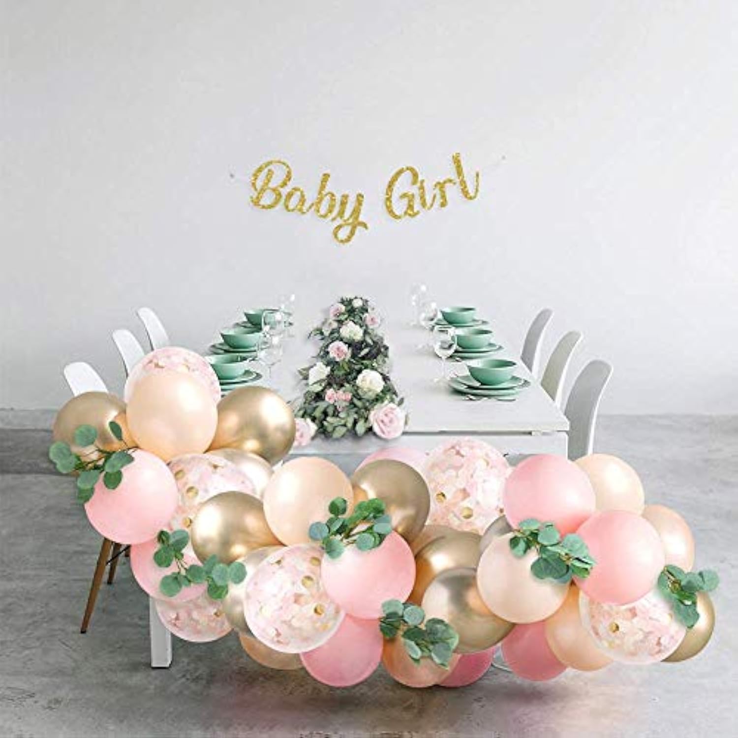 Sweet Baby Co. Baby Shower Decorations For Girl With Pink Balloon Arch Garland Kit, Baby Girl Banner Decor, Eucalyptus Boho Greenery Vine, Light Pink, Peach Blush, Gold, Confetti Balloons