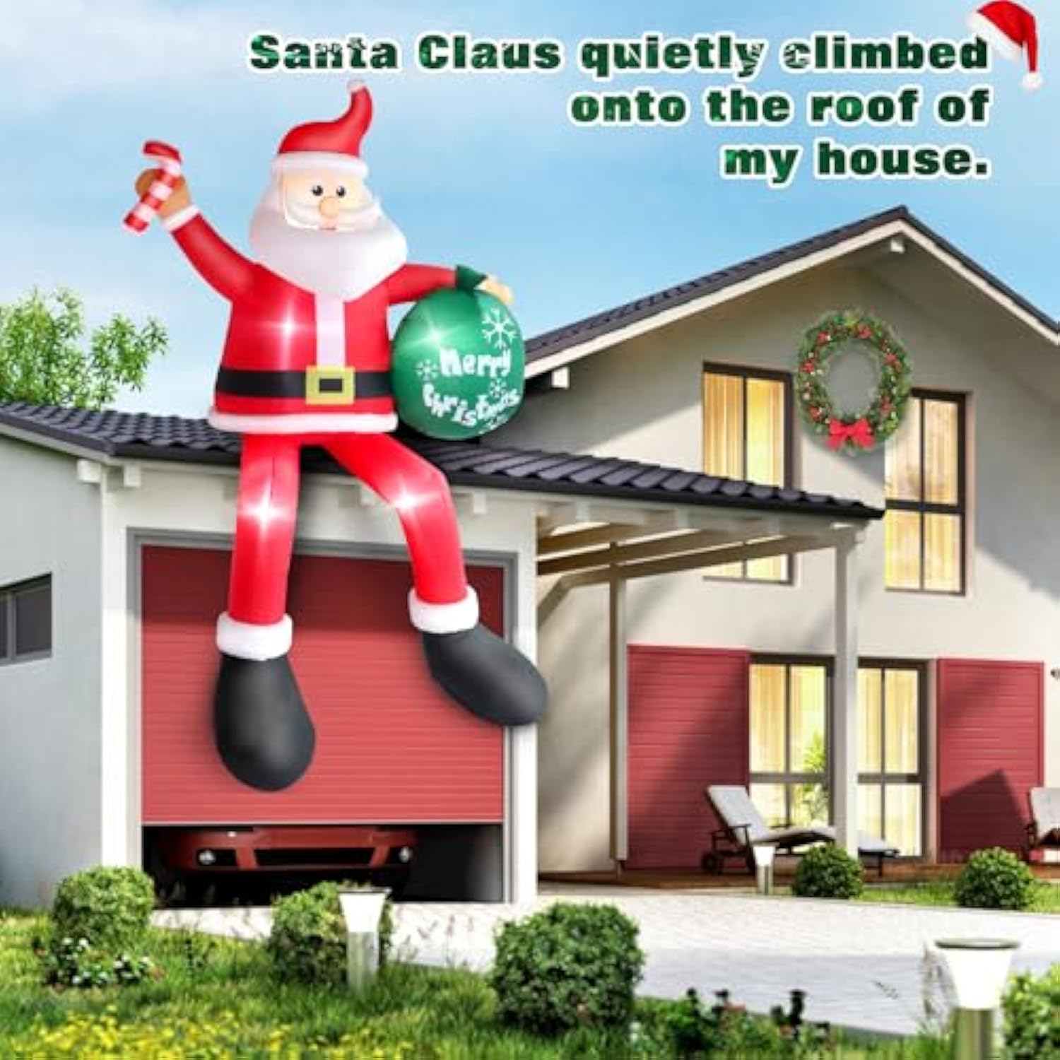 8 Ft Christmas Inflatable Santa Claus Outdoor Decorations, Blow Up Sitting Santa Claus With Gift Bag, Climbing Santa Car
