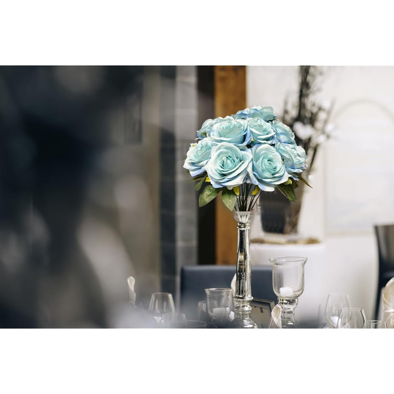 10 Heads Artificial Rose Flowers Fake Roses Silk Realistic Bouquet For Diy Wedding Bridal Shower Party Table Centerpieces Home Decorations Blue