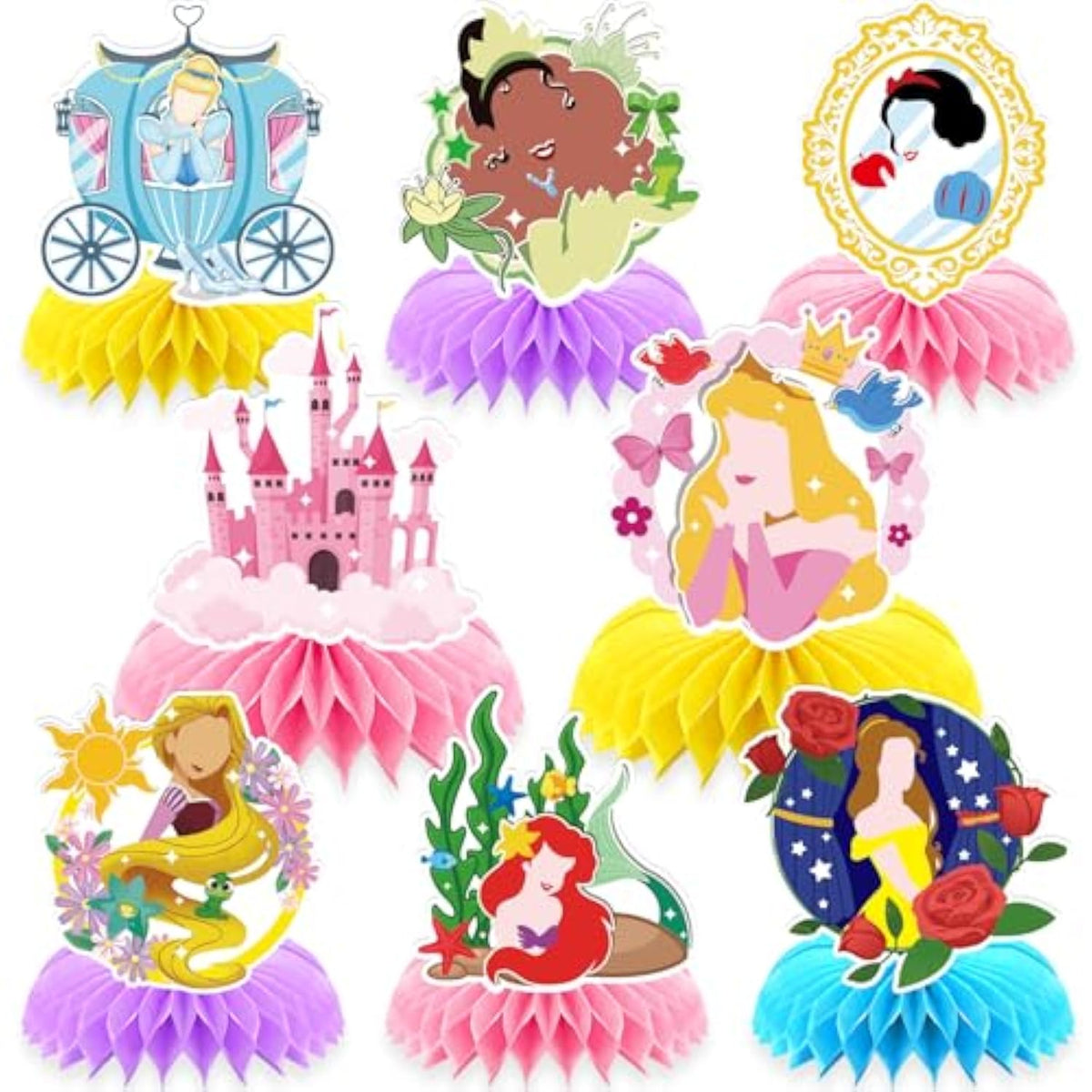 8Pcs Girl Princess Birthday Party Supplies, Princess Girl Honeycomb Centerpieces Seven Girls Theme 3D Table Decorations