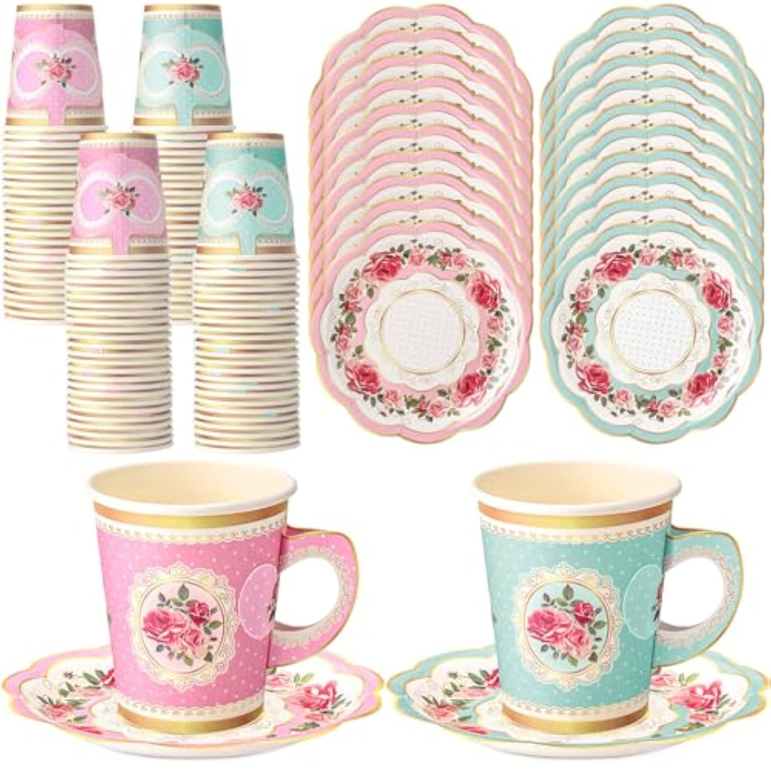 100-Piece Floral Tea Party Set – Disposable Cups with Handles & Plates