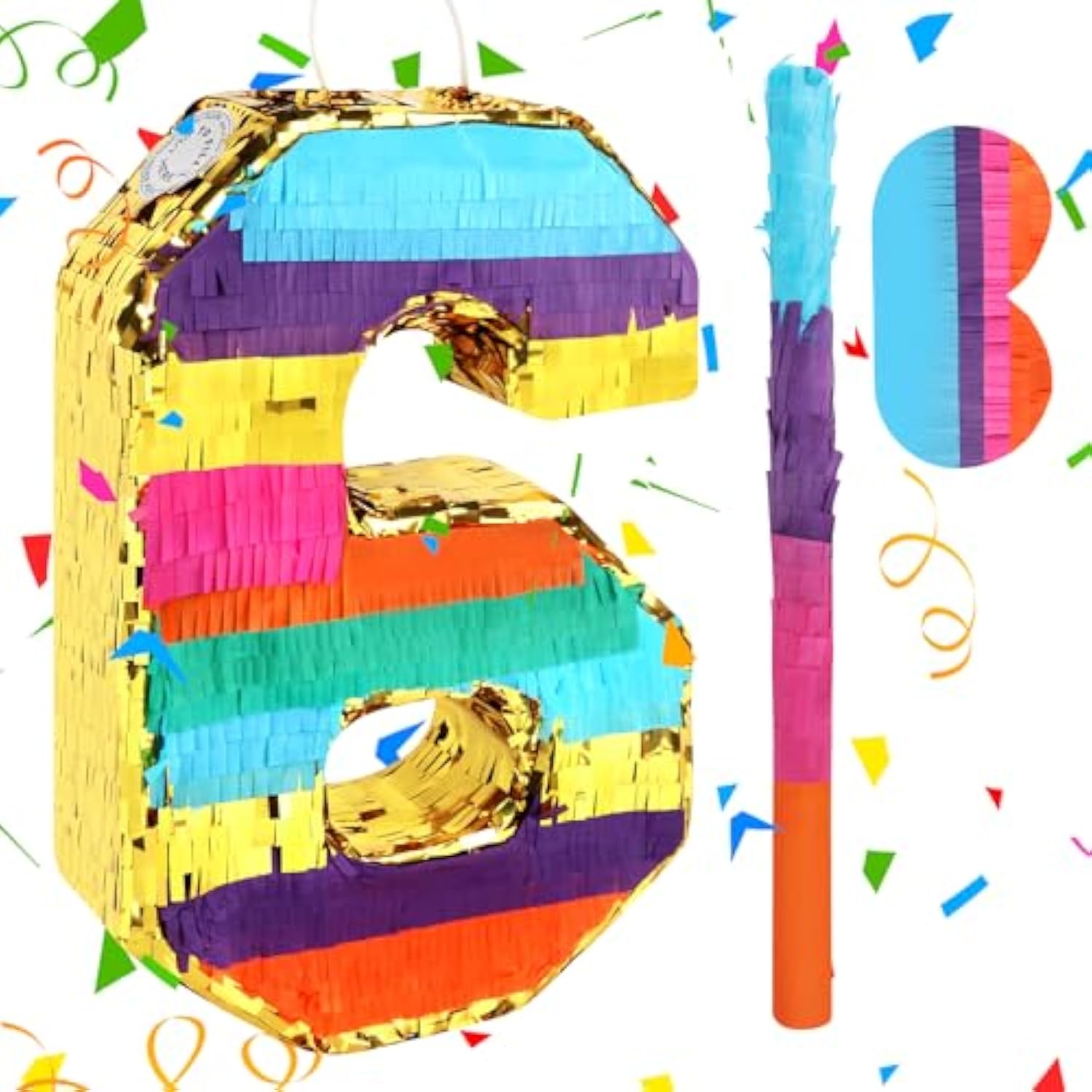 Rainbow Number 6 Piñata Set: 6th Birthday Party Game with Blindfold & Bat