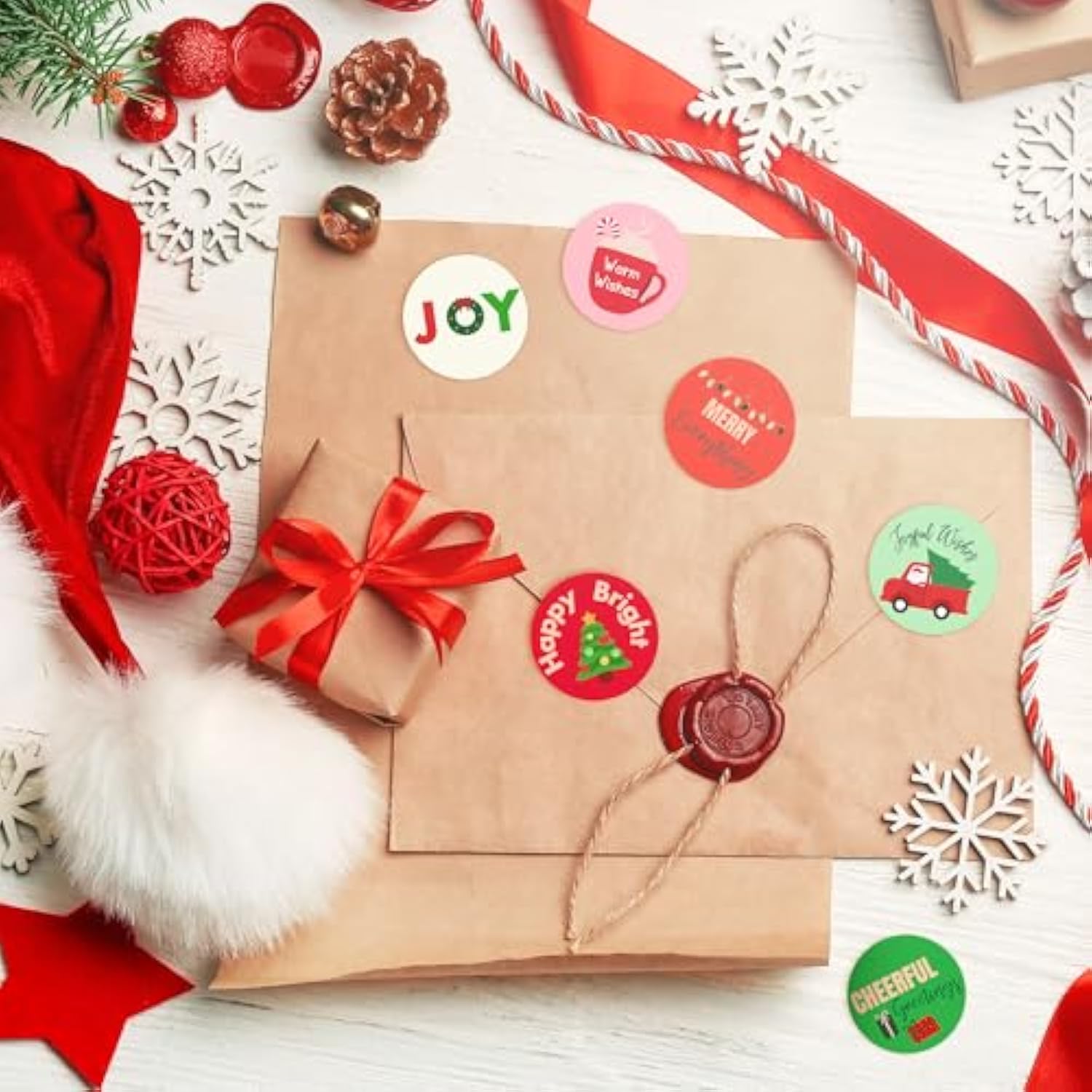 Modern Colorful Christmas Stickers | Envelope Seals | 1.4 Inch | Joyful Merry Quotes | Waterproof | 135-Pack For Gifts, Holiday Envelopes