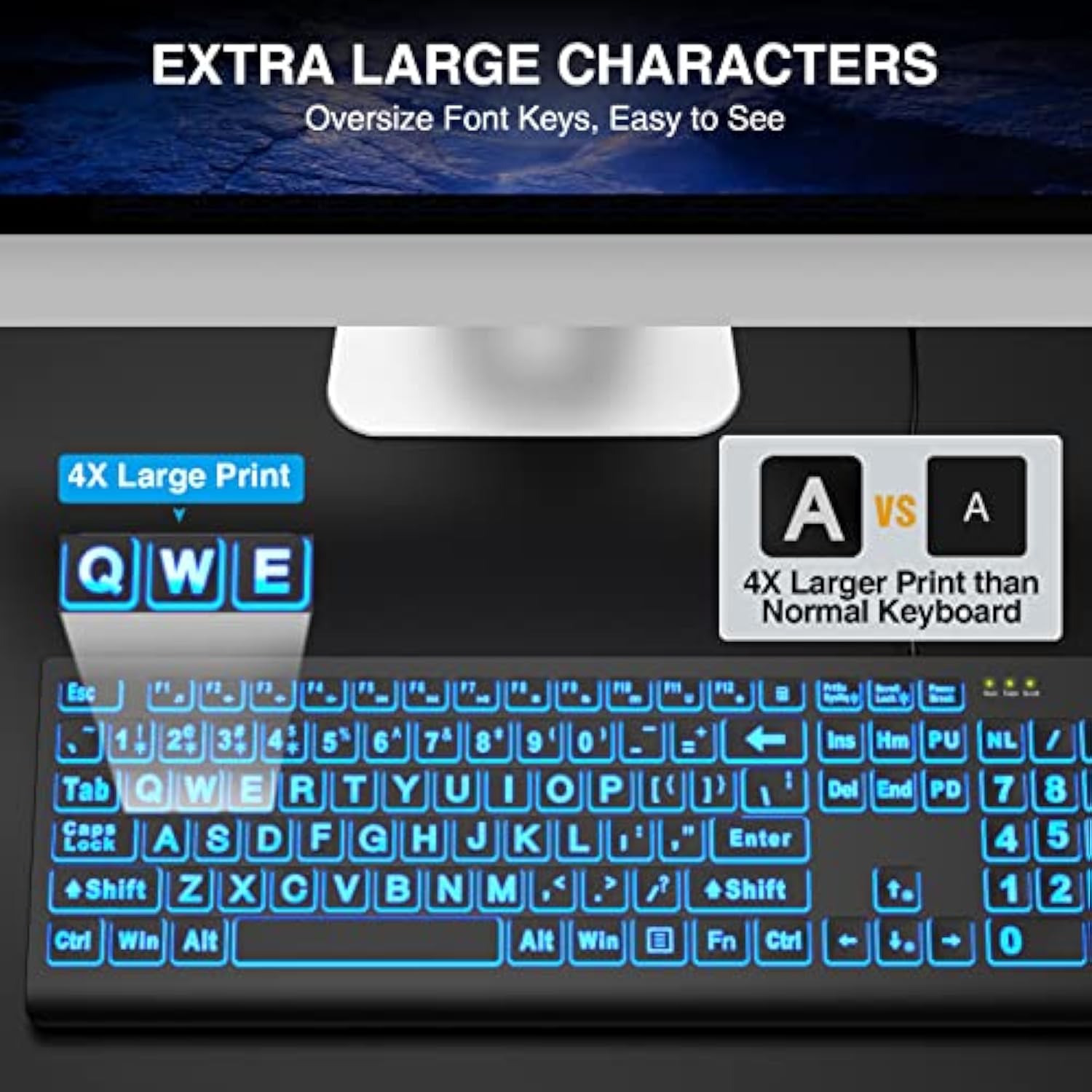 Large Print Backlit Keyboard, Wired Usb Lighted Computer Keyboard With 7-Color