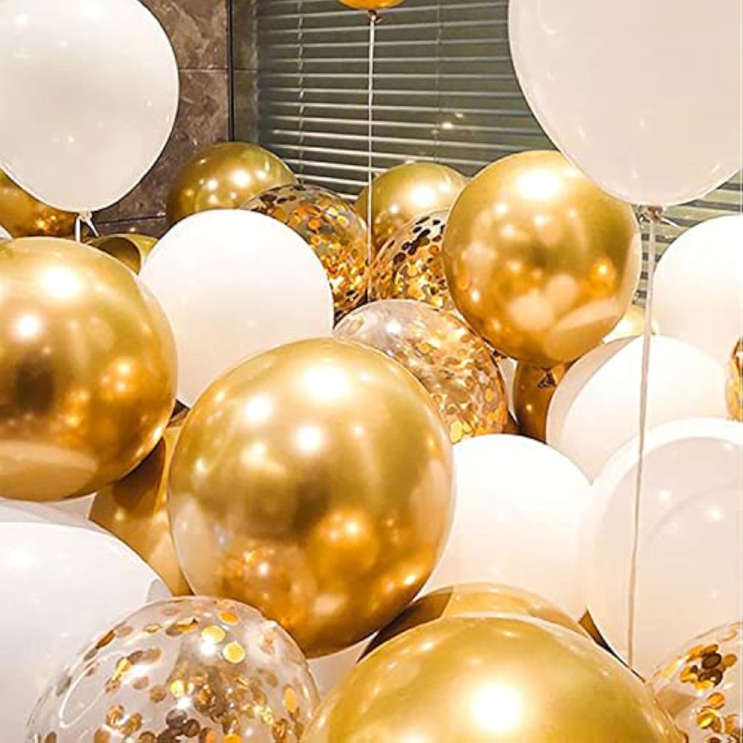 50PCS White & Gold Confetti Balloons – 12" Latex Balloons with Ribbons for Party Decorations