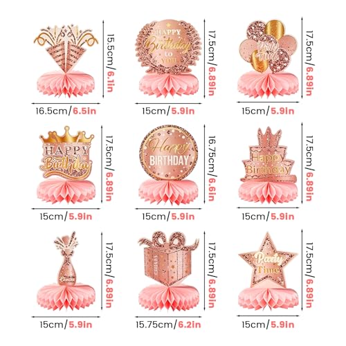 9 Pcs Birthday Table Decorations, Pink Rose Gold Honeycomb Centerpieces
