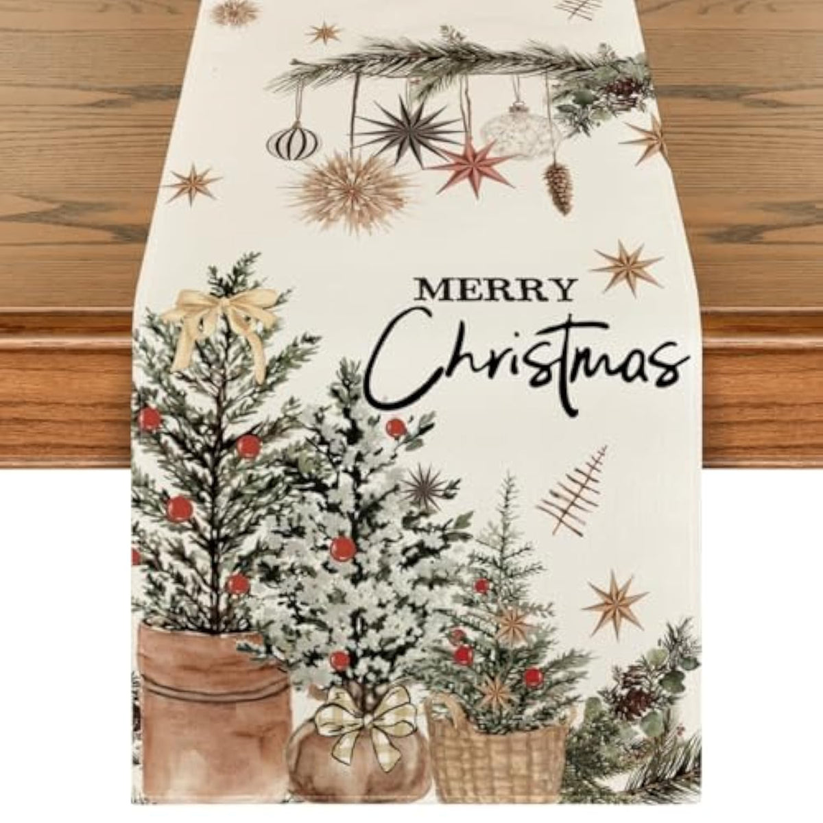 Xmas Trees Holly Pine Cone Merry Christmas Table Runner, Seasonal Winter Kitchen Dining Table Decoration For Home Party Decor 13X72 Inch