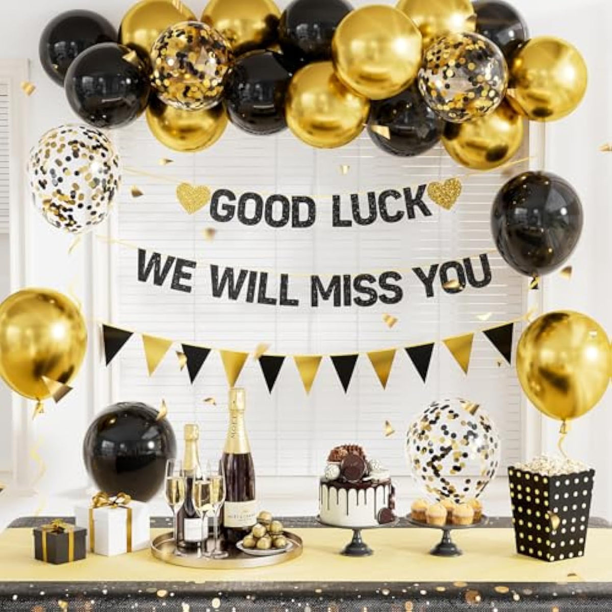 Going Away Party Decorations - Good Luck We Will Miss You Banner Funny Happy Retirement Decorations With Black And Gold Balloons, Triangle Flag For Farewell Goodbye Leaving Job Party Supplies
