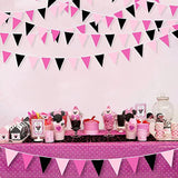 32Ft Rose Hot Pink Black Pennant Banner Fabric Triangle Flag Cotton Bunting Garland For Minnie Mouse Birthday Wedding Anniversary Party Home Nursery Outdoor Garden Hanging Festivals Decoration (36Pcs)
