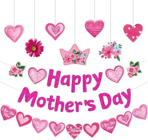 Happy Mother's Day Banner Set Decoration for Mother's Day Party Decorations Backdrop Garland for Mom Mother's Day Glitter Garland Photo Props (3 pcs) (Pink Thank You MOM)