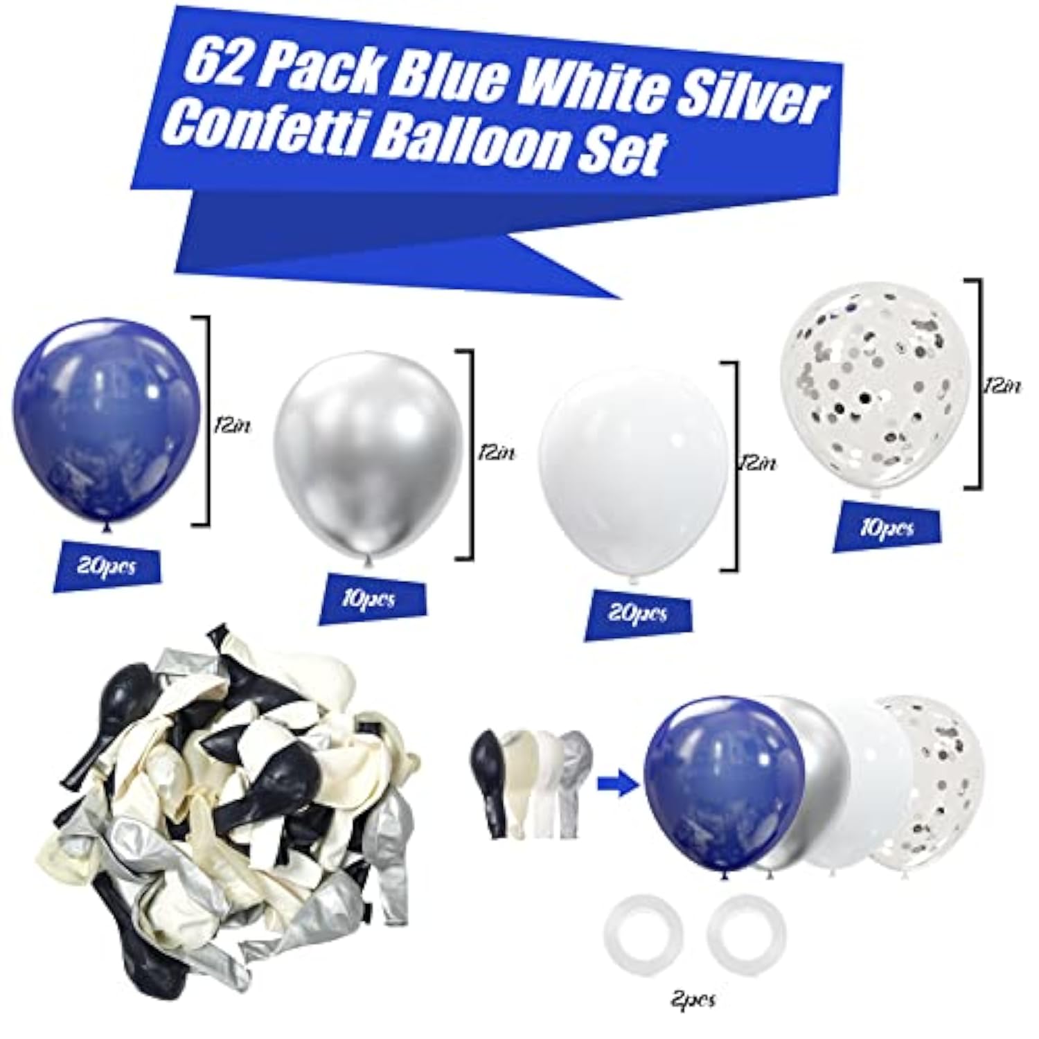 62Pcs Silver Navy Blue Balloons Kit - 12 Inches Silver Blue Party Decoration Balloons For Baby Shower Birthday Wedding Party Decorations Supplies