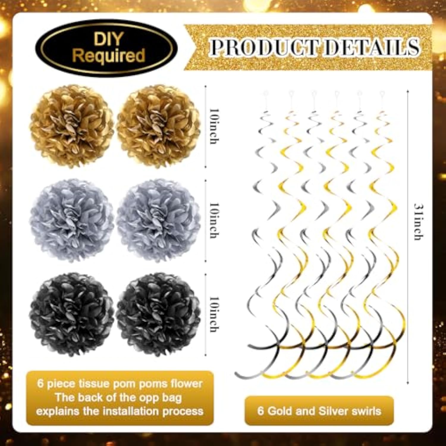 15 Pcs Black Gold Happy New Year 2026 Party Decorations Set
