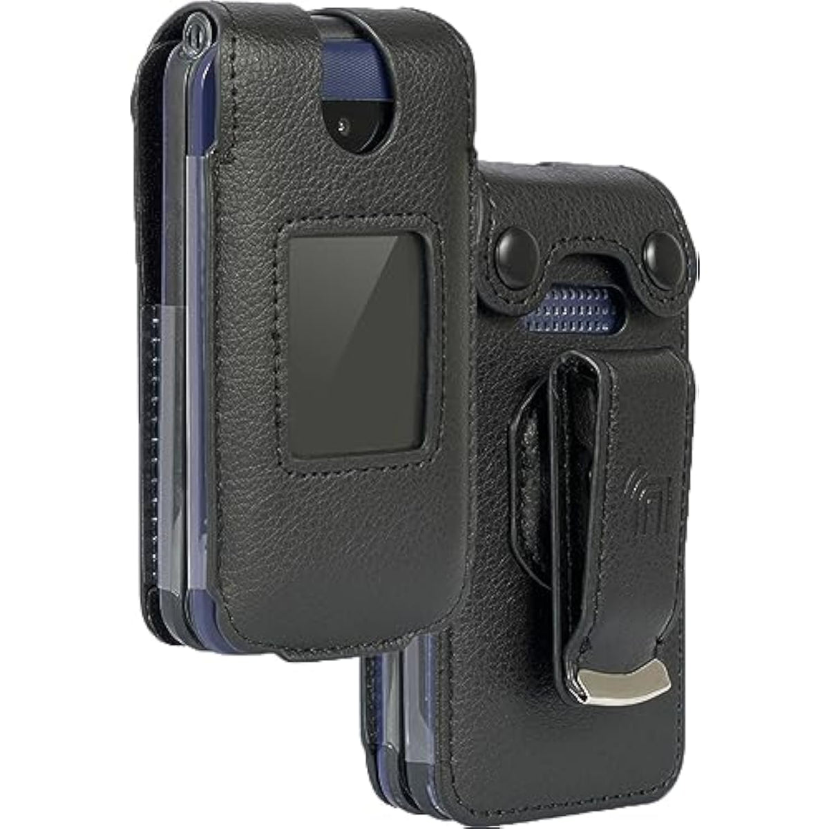Case for AT&T Cingular Flex 2 / Cricket Debut Flex/Tracfone BLU Flex Flip Phone, Nakedcellphone [Black Vegan Leather] Form-Fit Cover with [Built-in Screen Protection] and [Metal Belt Clip]