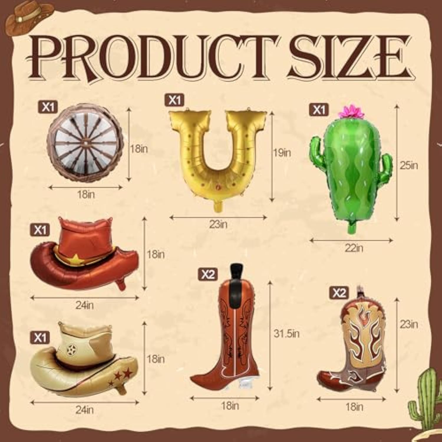 Cowboy Balloons Kit - 13Pcs Western Themed Party Decorations With Foil Horse, Horseshoe, Wheels, Cacti, Hat And Boot, Wild West Rodeo Balloons For Western Cowboy Birthday Party Decorations