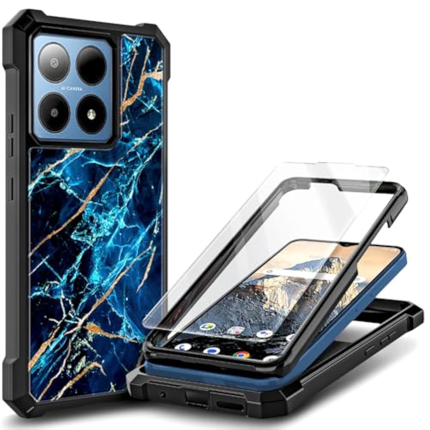 Boost Summit 5G Case with Tempered Glass Full-Body Shockproof Marble Sapphire