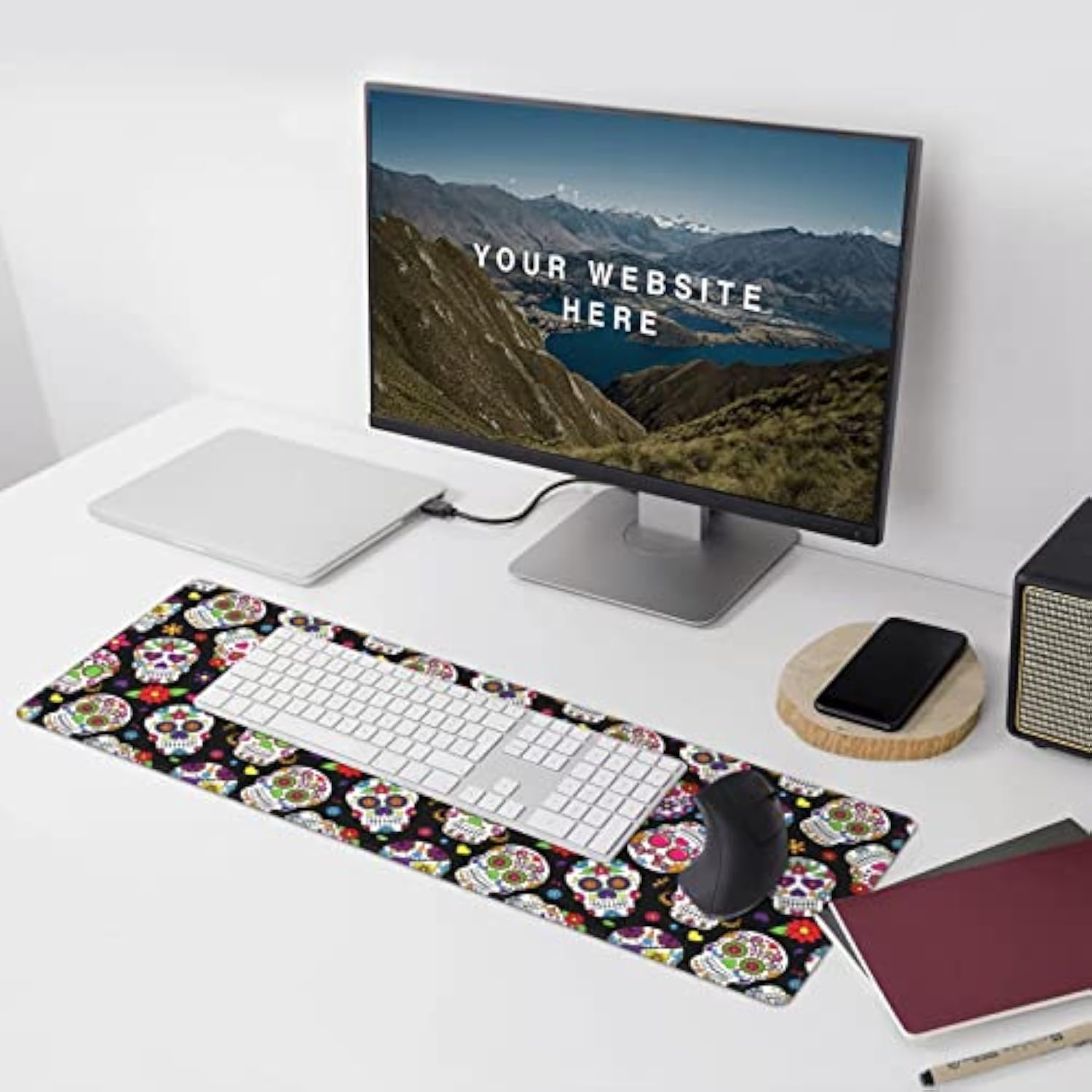 Laptop Mouse Pad Mexican Floral Sugar Skulls Desk Mat With Stitched Edges 31.5X 11.8 Inch Non-Slip Large Keyboard Rubber Writing Table Mat For Office Home